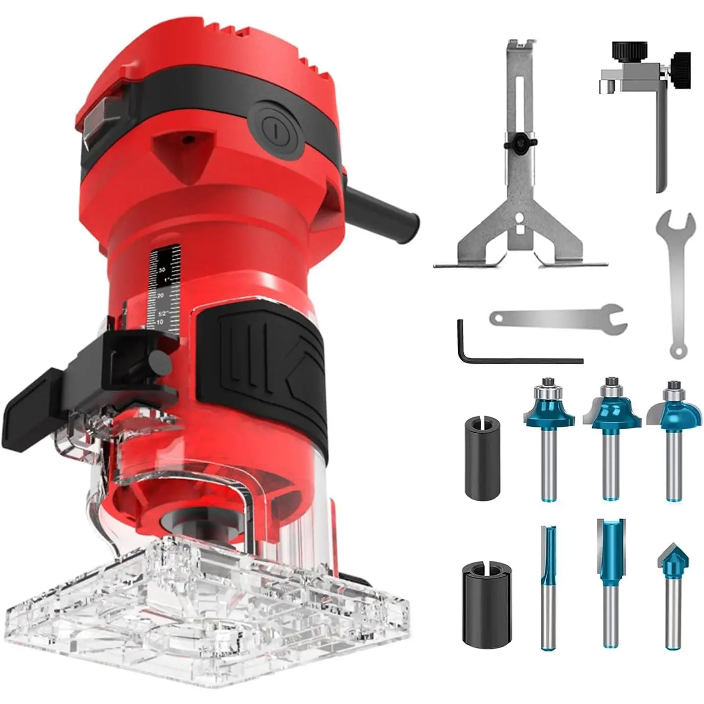 Router Tool, 32000 RPM Compact Palm  Routers For Woodworking, Trim Router with 6  Router Bits, 1/4" Collet and 8mm/12.7mm Adapter