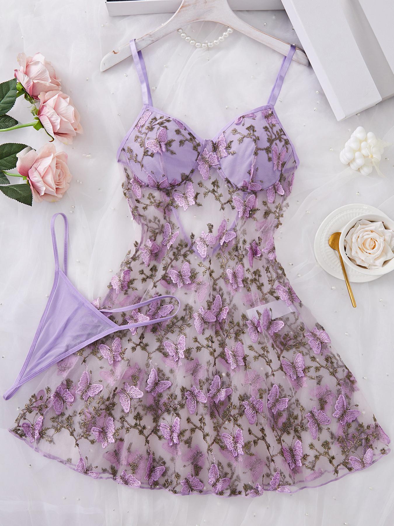 Women's Butterfly Embroidery Cami Nightdress & Thong Sexy Feminine Lingerie Set Underwear, Comfy Fitted Elegant Nighty Dress Set, Ladies Sleepwear for All Seasons