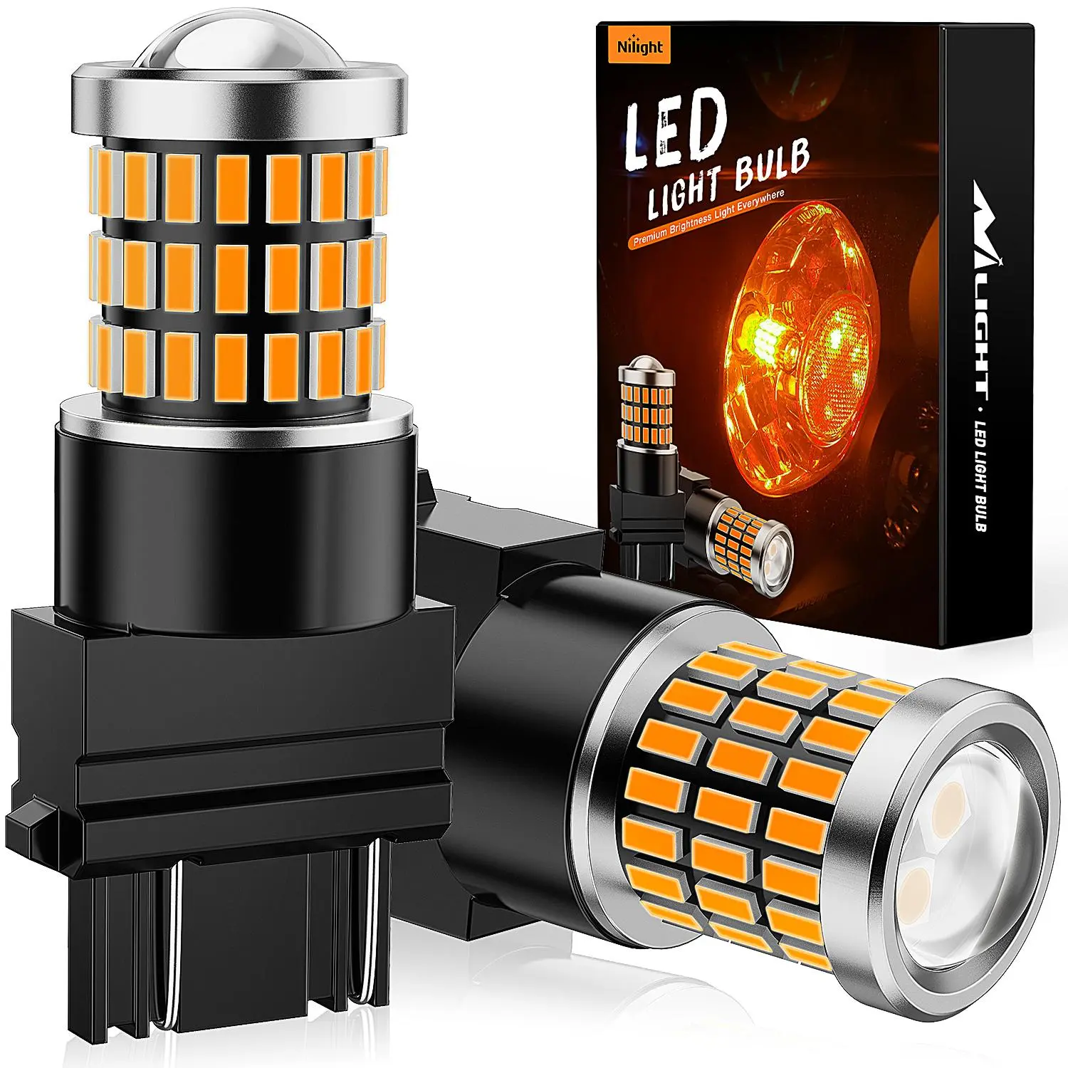 Nilight 57LED Amber Yellow Car LED Bulbs (Pair) - 12V DC, Non-Polarity Design, 360-Degree Omnidirectional, Aluminum Built-In IC, 1W Low Brightness, 3156 Series Dual Mode Marker/Turn Signal/Tail Lights, Fits 3156,3056,4157,3057,3157 #FathersDayGift