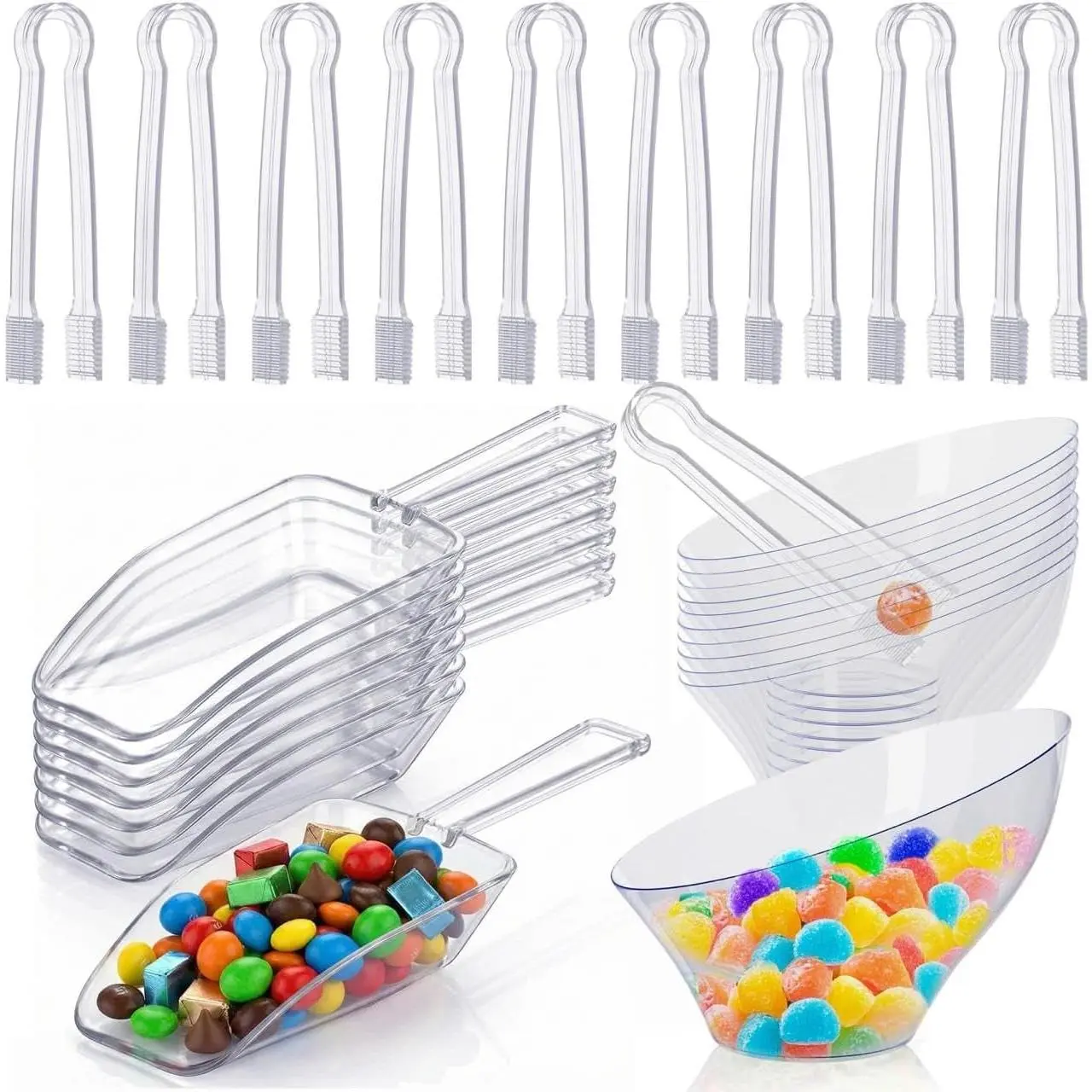 R-kay 36 Pcs Heavy Duty Candy Bowls Plastic Scoops & Tongs Set, 18 Pcs 6 Oz Clear Small Plastic Bowls, 9 Pcs Plastic Scoops, 9 Pcs Small Tongs Buffet Serving Containers Set
