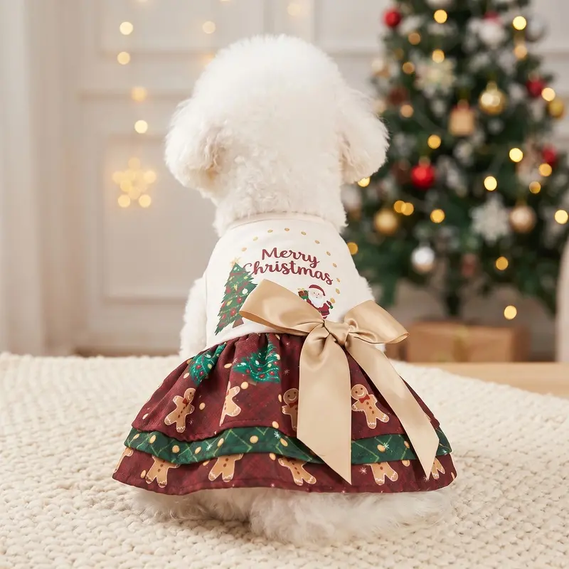 Christmas Dog Dress Pet Clothes, Merry Christmas Tree and Santa Claus Print Puppy Princess Skirt with Champagne Bowknot and Gingerbread Man Ruffled Hem Cat Girl Apparel Outfit, Winter Xmas Holiday New Year Party Cosplay Costume For Small Medium Large Dogs