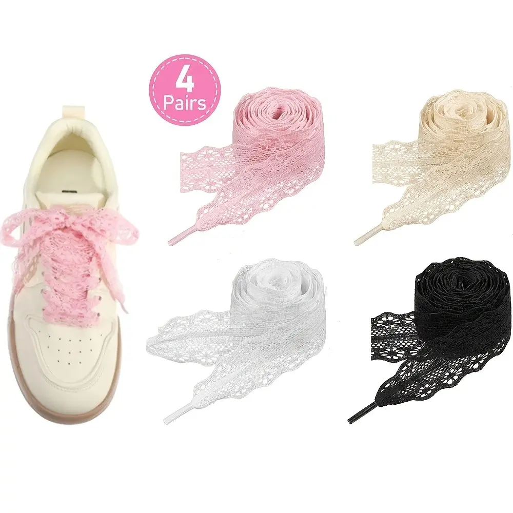 4 Pairs Lace Edge Shoe Laces, Flat Soft Shoelaces, Floral Lace Ribbon Shoelaces, Suitable for Women, Footwear Lace, Shoe Laces for Sneakers, Non-Battery Version