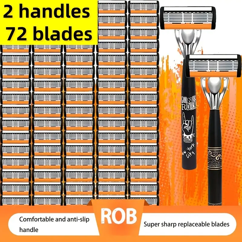 2026 New Men's Razor, 2 Handles, 72 Razorblades, Lubricating Strip, Heavy Metal Stainless Non-Slip Handle, Ideal for Beards, Facial Hair, Smooth Beard Shaver, Hair Shaving Tool, Perfect Gift, Beard Grooming Tools