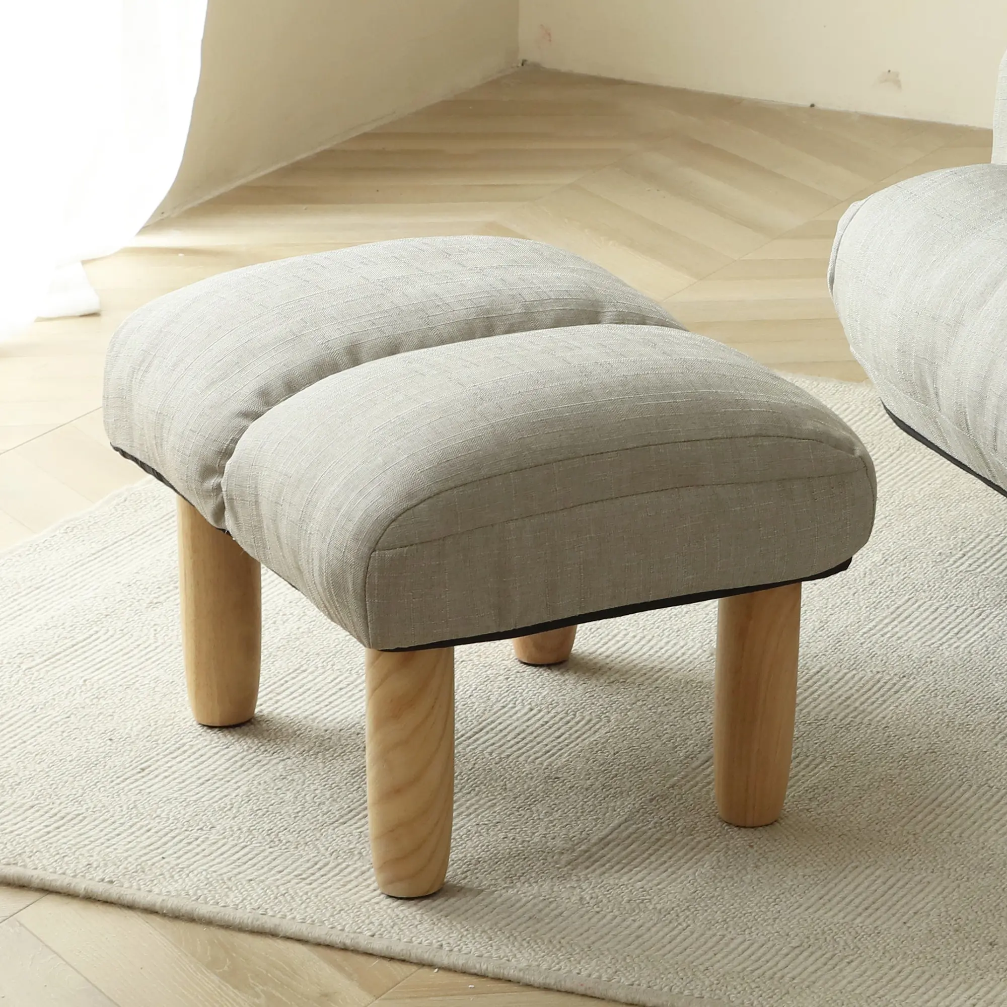 Modern Gray Fabric Ottoman with Wooden Legs for Living Room Comfortable Footrest