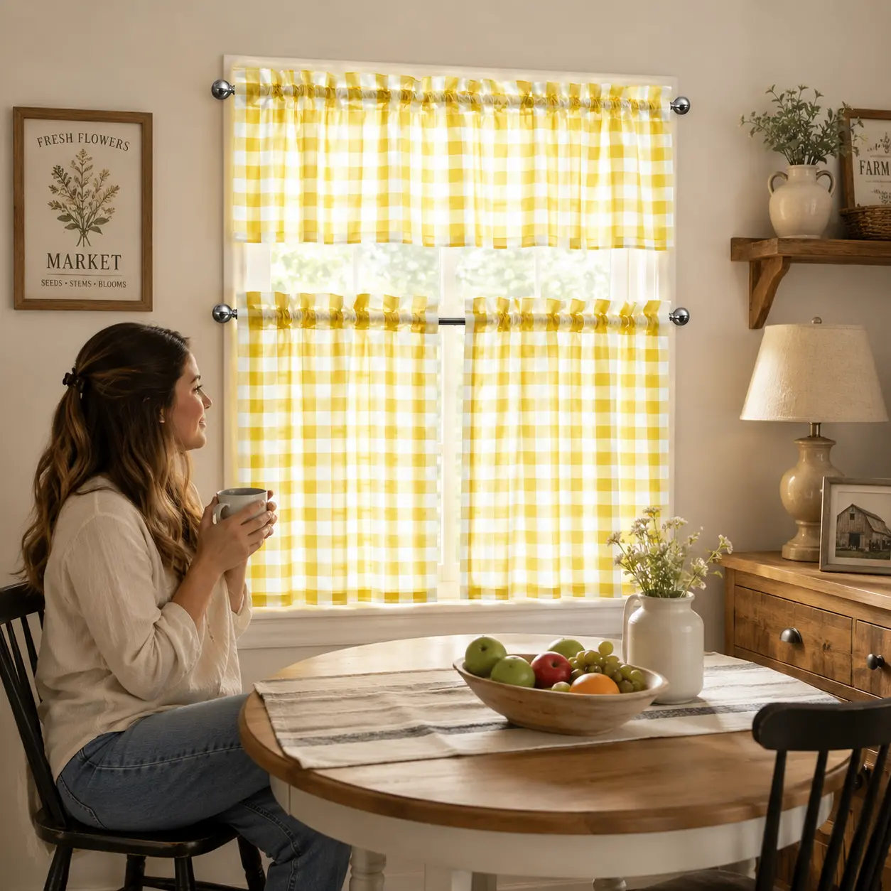 SoftHaven 3-Piece Plaid Semi-Sheer Short Curtains - Rod Pocket Top, Farmhouse Rustic Style, Coffee Color, Polyester Fiber, Made in USA, Kitchen Accessories, for Kitchen & Laundry Room Partition