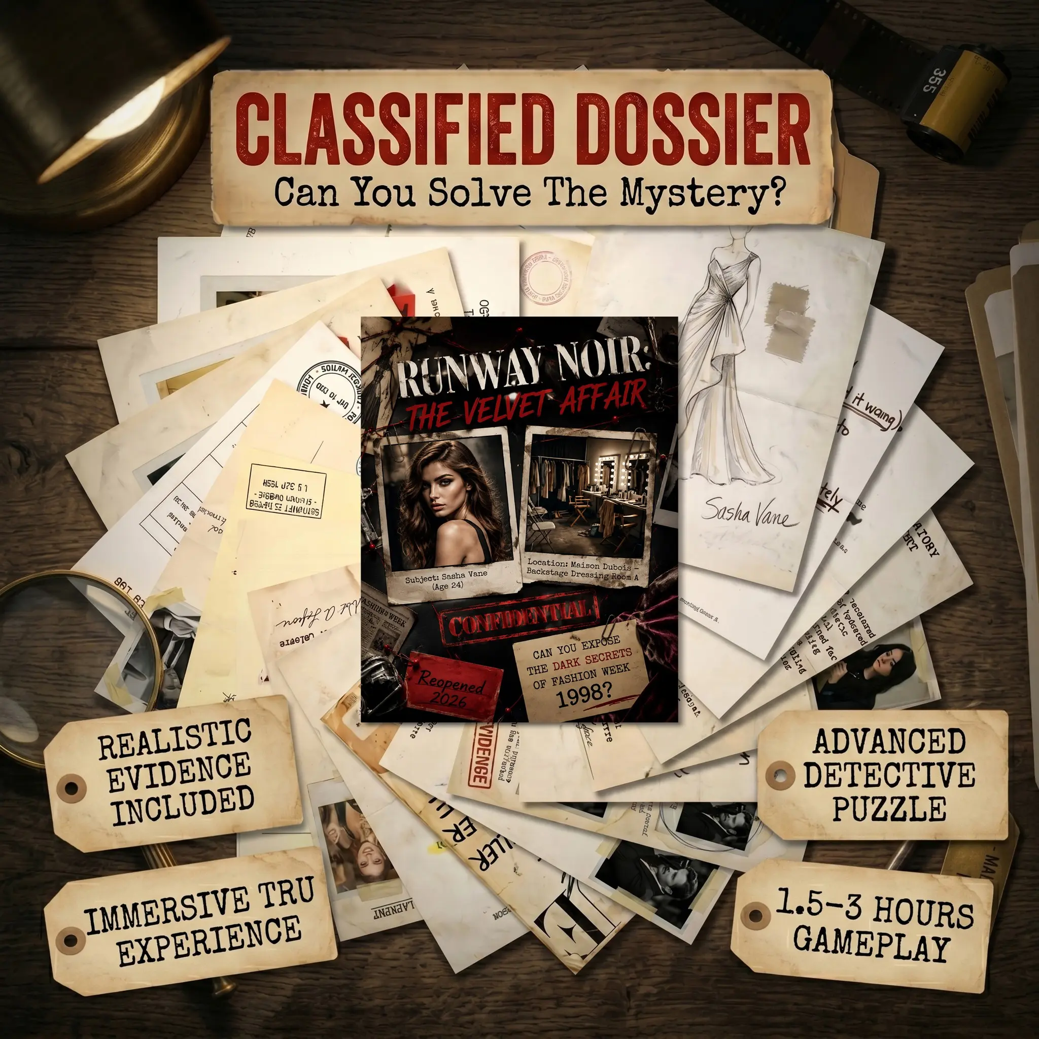 Deluxe Unsolved Cold Case Gam –1998 Fashion Velvet Vanity, Immersive Mystery Themed Immersive Detective Investigation Kit, 35+ Pcs Realistic Evidence, Full Case File with Realistic Evidence, Clues & Suspects, Suitable for Adults Couples Game Night Parties