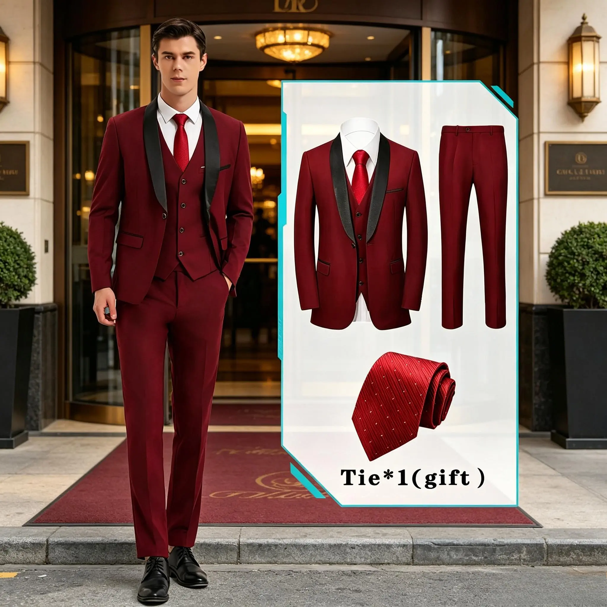 3-Piece Men Shawl Collar Formal Suit Set, One Button Blazer Vest Flap Pocket Trousers with Matching Tie for Groomsmen Wedding Business Banquet