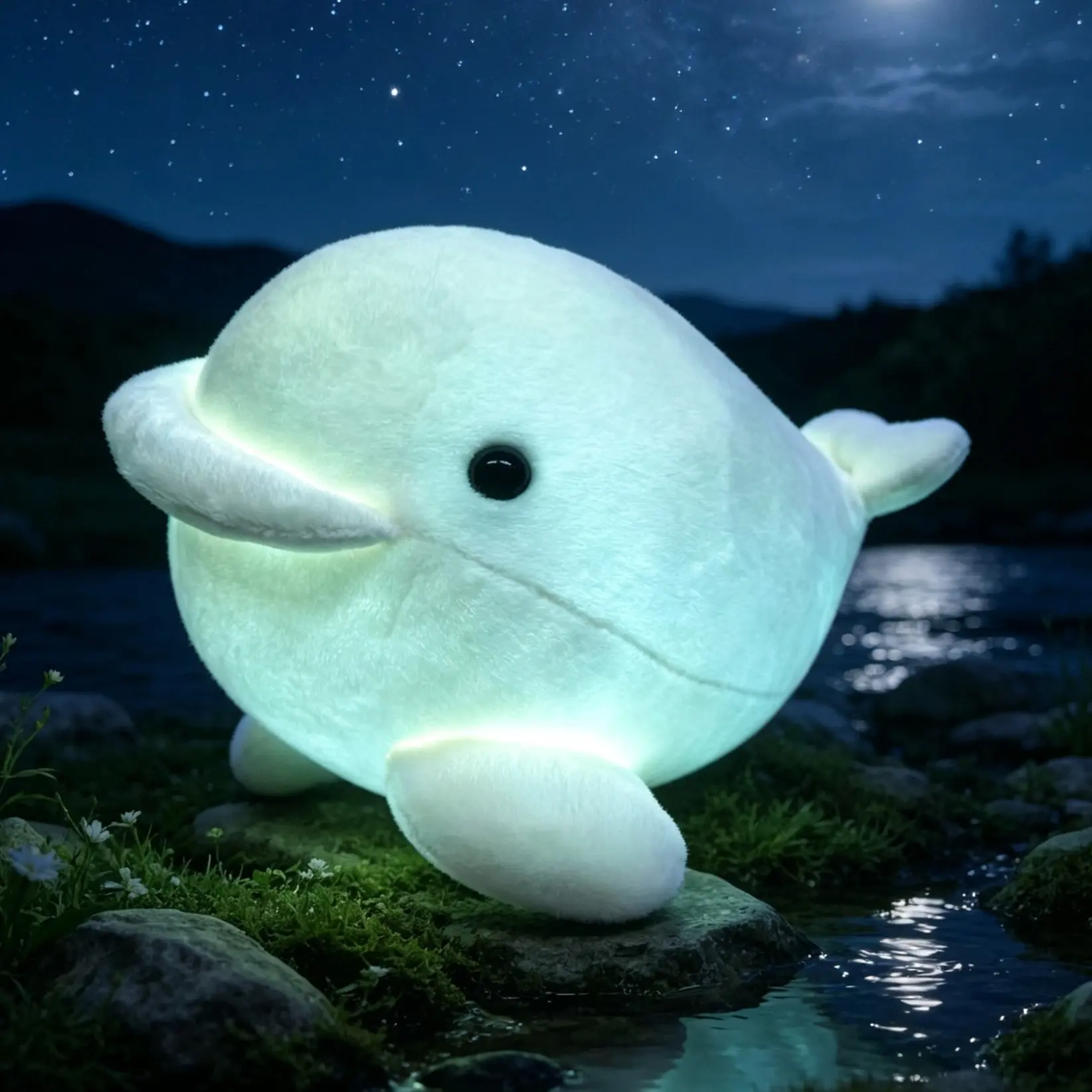 A glow-in-the-dark whale plush toy, a soft, white marine creature doll, an incredibly tactile EDC handheld toy perfect for daily play. A refined small gift for friends, a birthday present, a holiday gift, or a daily token.