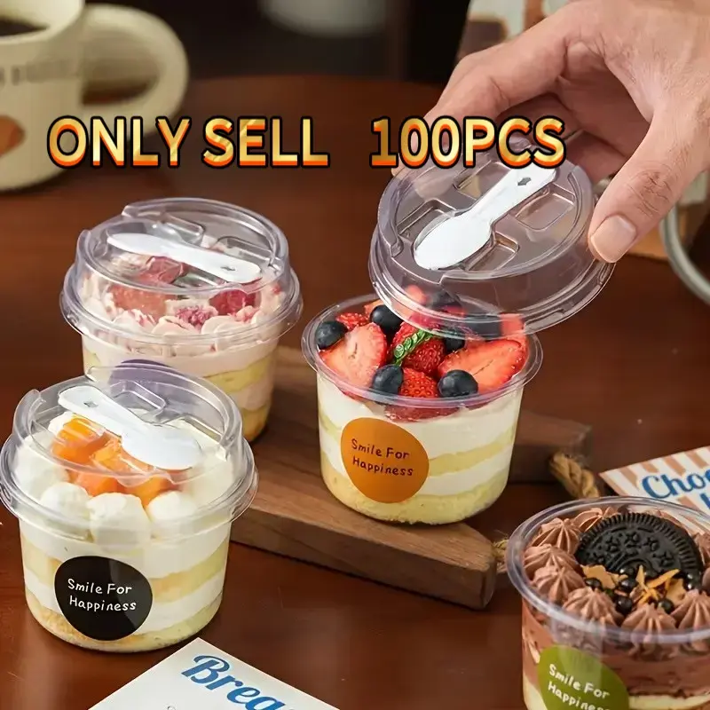 100pcs disposable round transparent plastic containers with lids, spoons optional. Food-grade boxes for cookies, fruits, ice cream, mousse cakes and yogurt packaging, Snack Containers With Lids