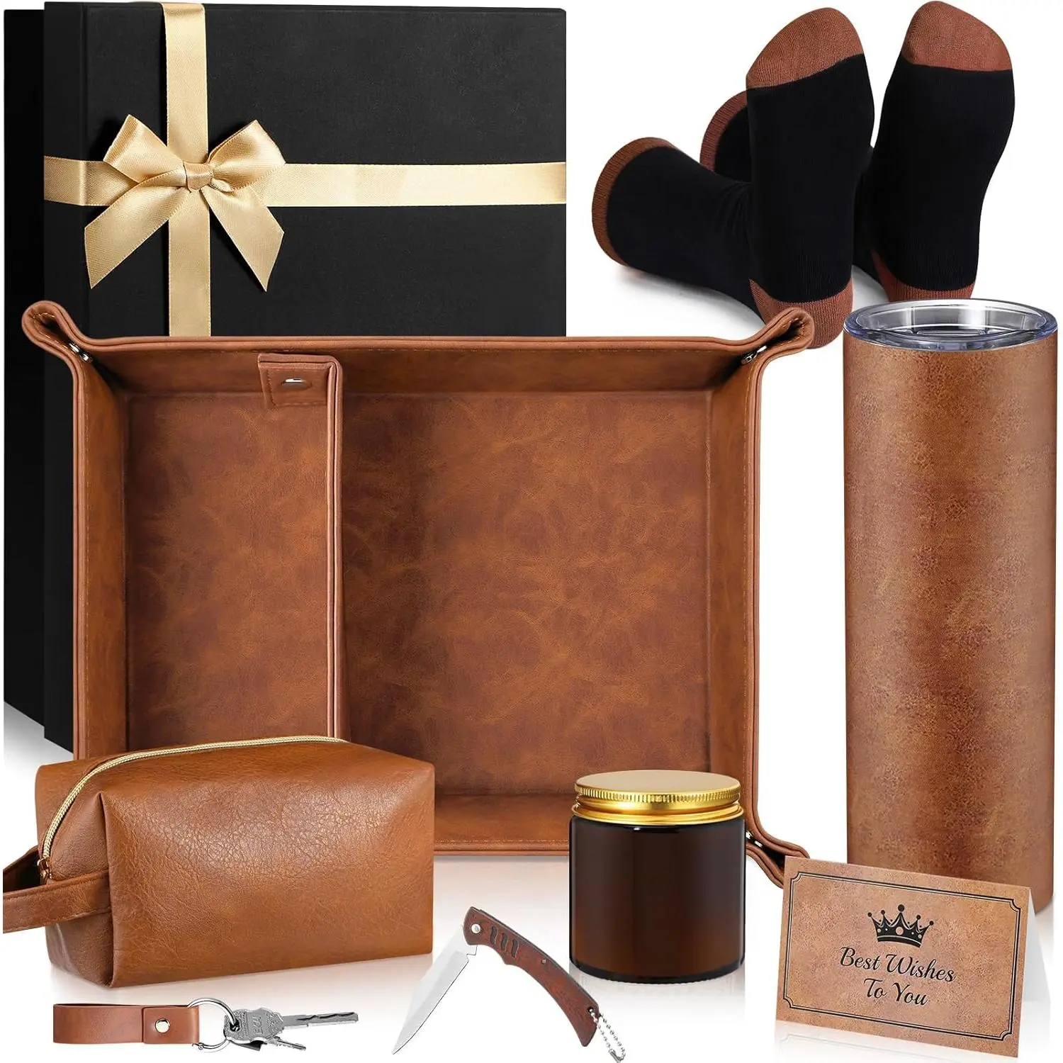 Men's 10-Piece Gift Set Box with Leather Tray, Stainless Steel Cup, Socks, Toiletry Bag, Candle, Basket - Christmas/Father's Day Gift for Husbands, Grandpas from Wives, Sons, Daughters