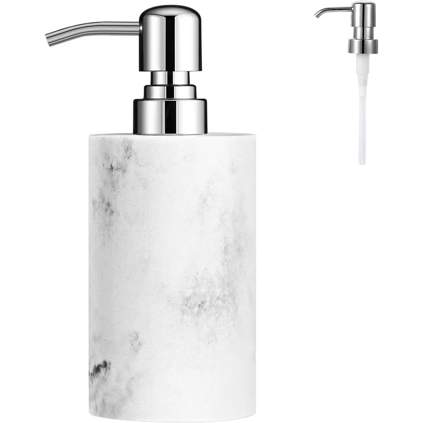 Soap Dispenser, Cylinder-Shaped Marble Lotion Liquid Soap Pump Bottles, Refillable Shampoo Container, Decorative Hand Soap Resin Jar for Bathroom, Kitchen - White Marble