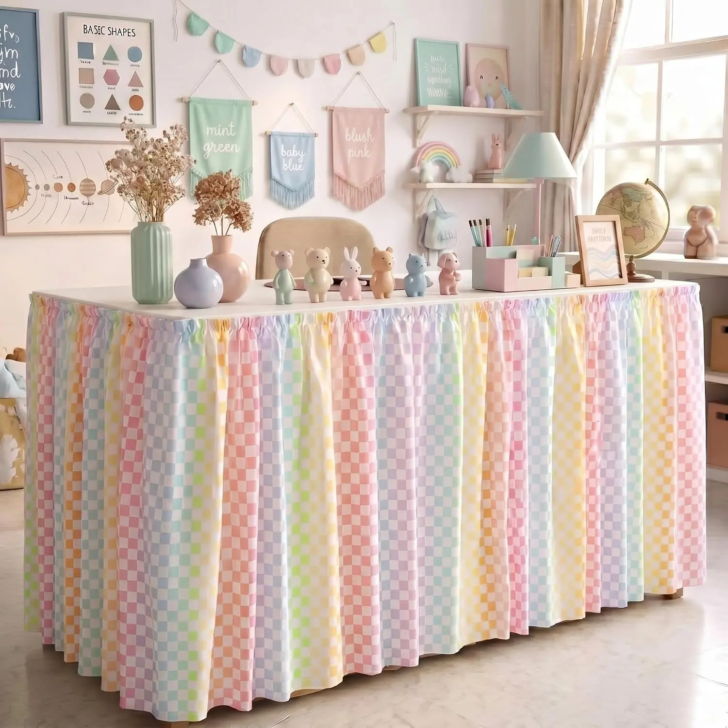 Teacher Desk Skirt Multicolor Plaid Classroom Decoration, Teacher Desk Ruffled Tablecloth, School Office Decor, Back-To-School Party Supplies, Decorations Supplies