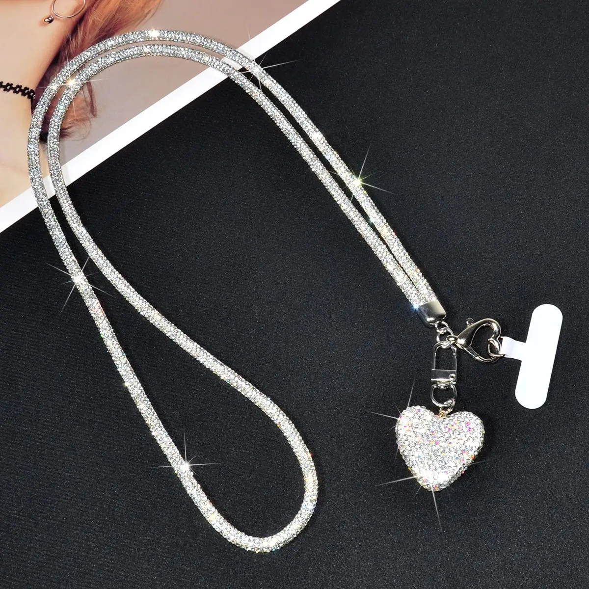 1 Set Silver Ultra-Shiny Rhinestone Long Phone Crossbody Lanyard With Heart Buckle, Sparkling Imitation Diamond-Inlaid Three-Dimensional Heart Car Keychain, Full Rhinestone Phone Case Shoulder Strap, Phone Charm For Women, Cell Phone Charms