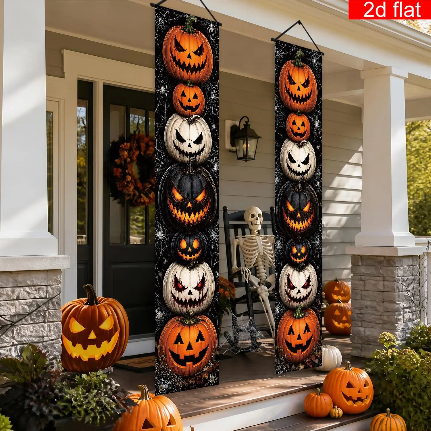 2pcs， 1 pair, Halloween couplet decoration flag, scary pumpkin element, polyester material, suitable for indoor/outdoor/outdoor garden decoration, room decoration, Halloween decoration, home decoration, Halloween decoration, bedroom decoration