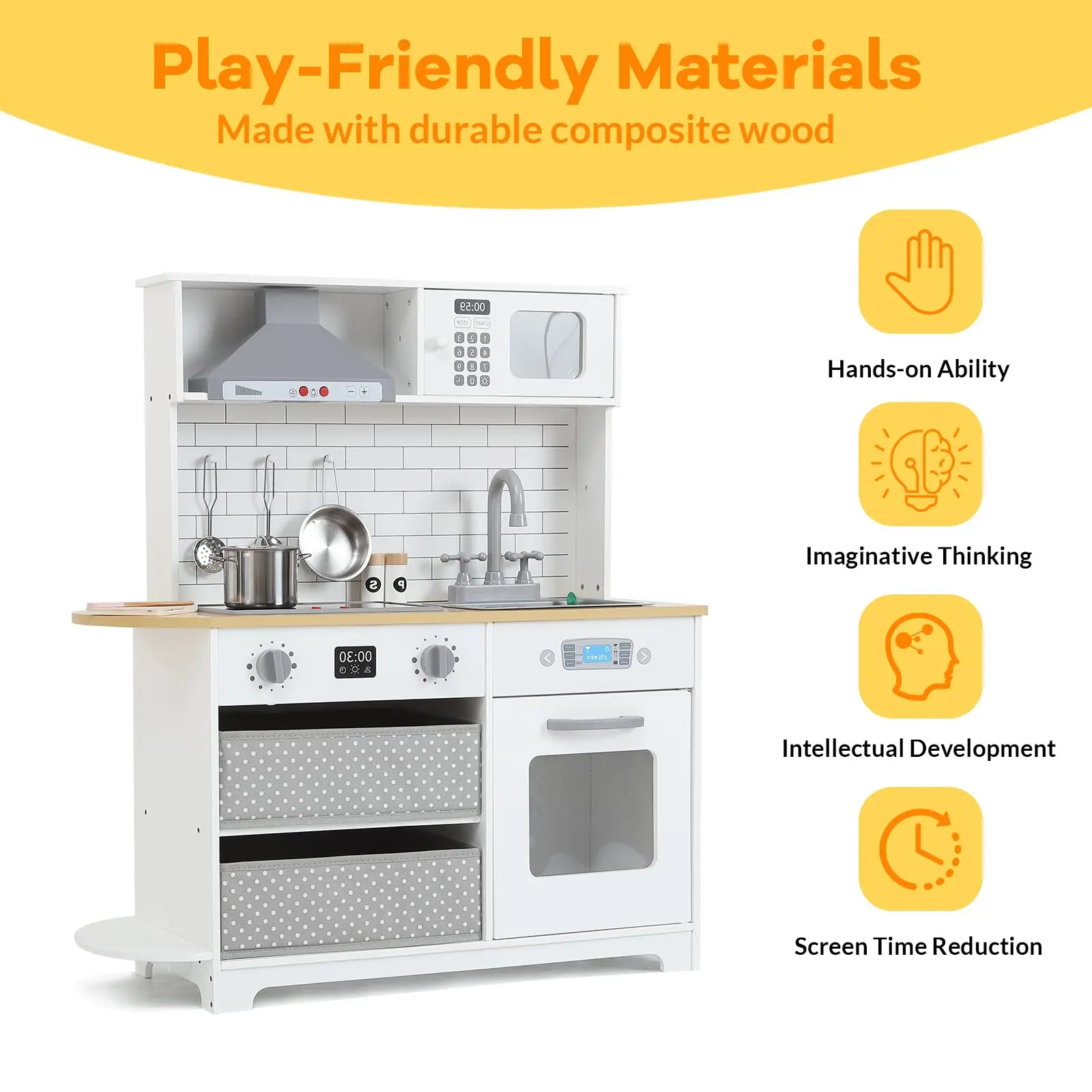 33.4 in Wooden Play Kitchen for Kids Ages 3+, Modern Pretend Cooking Toy Kitchen Set with Stove, Oven, Microwave, Sink, Range Hood, Storage Bins and 17-Piece Toy Food and Cookware Accessories, White