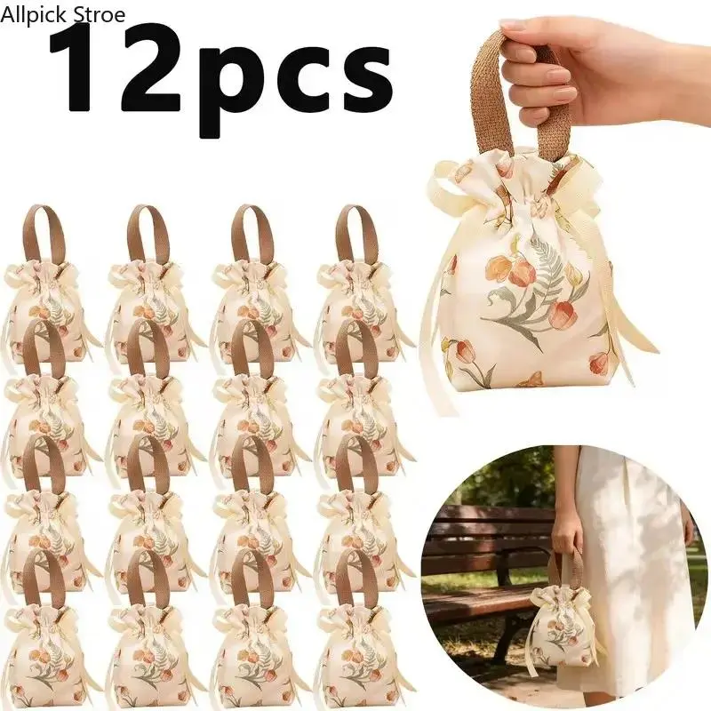 6/12PCS Reusable Canvas Drawstring Gift Bags, Elegant Jewelry and Candy Favor Pouches, Durable Cotton Storage Bags for Wedding Favors, Party Treats, Christmas Gifts, Valentine's Day, Baby Showers, Holiday Packaging and Small Business Gift Wrapping Floral
