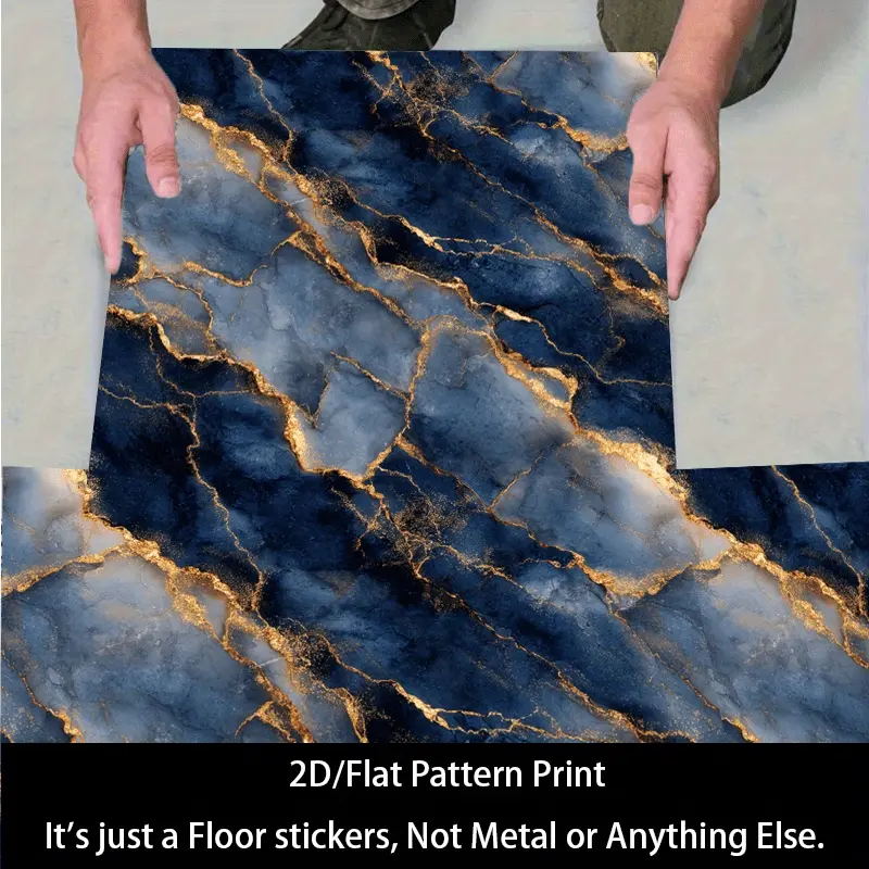 10pcs Large 2D Floor Stickers - Self-Adhesive Peel-and-Stick Floor Wallpaper Tiles, Navy Blue and Golden faux Marble Pattern, Suitable for Kitchen, Bathroom, Living Room, Dorm - Easy to Install, Damage-Free Removal, DIY Home Renovation, Indoor Flooring