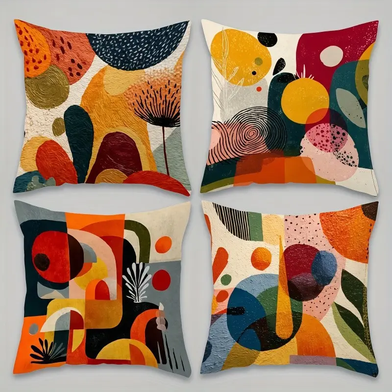 4-piece set - Colorful geometric cushion covers, featuring geometric patterns, ideal for home decor, Room cozy accessories. Perfect for living room, bedroom decoration. 2D flat design with double-sided printing. Pillow inserts not included