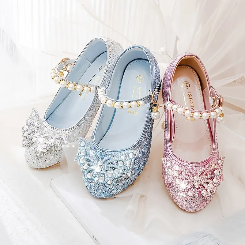 Girls' Shiny Sequin High Heels - Girls Shoes with Butterfly Motif, Pearl Accents, Buckle Closure, Princess Look, Spring/Summer Party Wear Dress Shoes