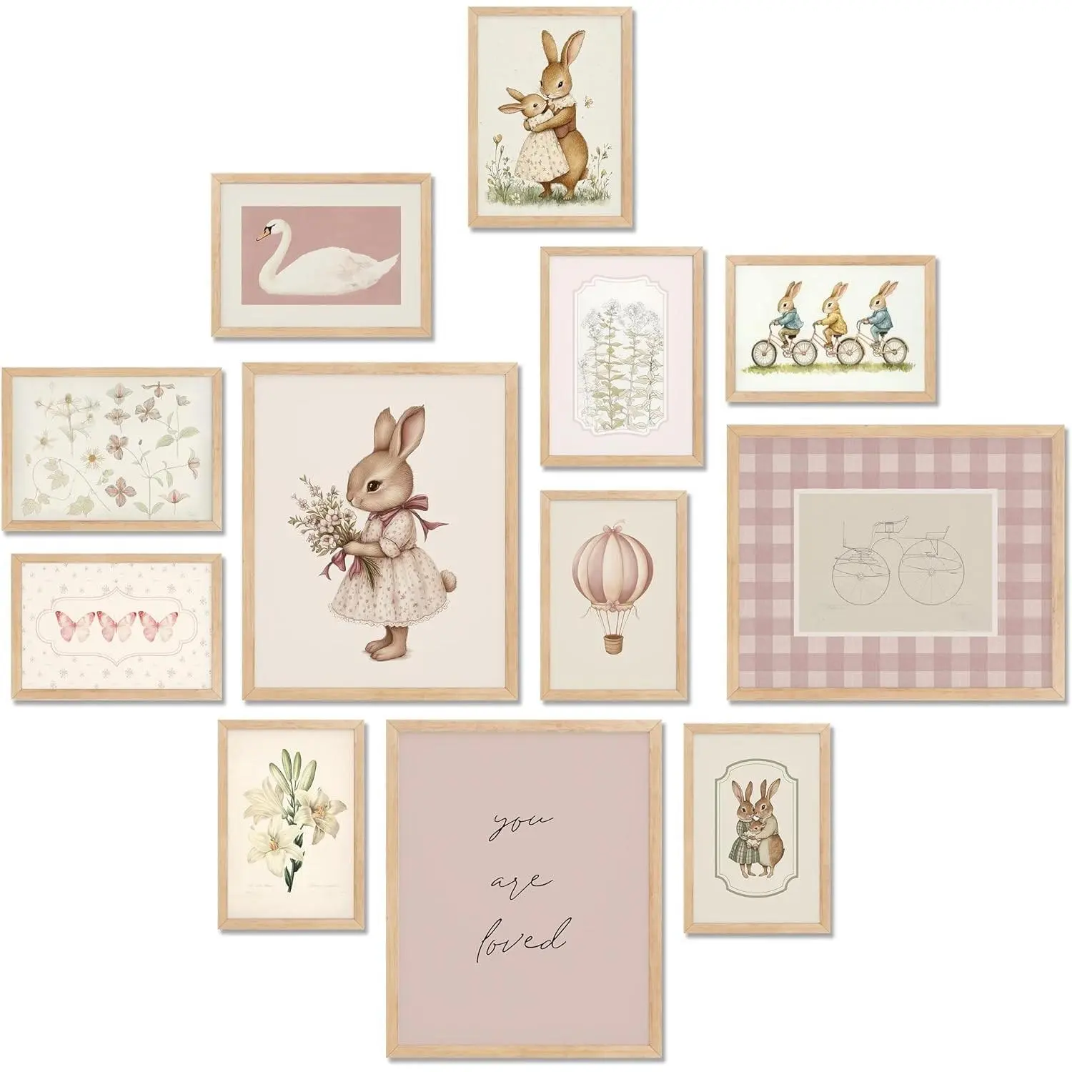 Vintage Nursery Decor for Baby Girls, Pink Rabbit Bunny Wall Art for Toddler Kids Playroom, Swan Animals Posters for Bedroom (Multi Sizes, Set of 12, 8 × 10 Largest, UNFRAMED)