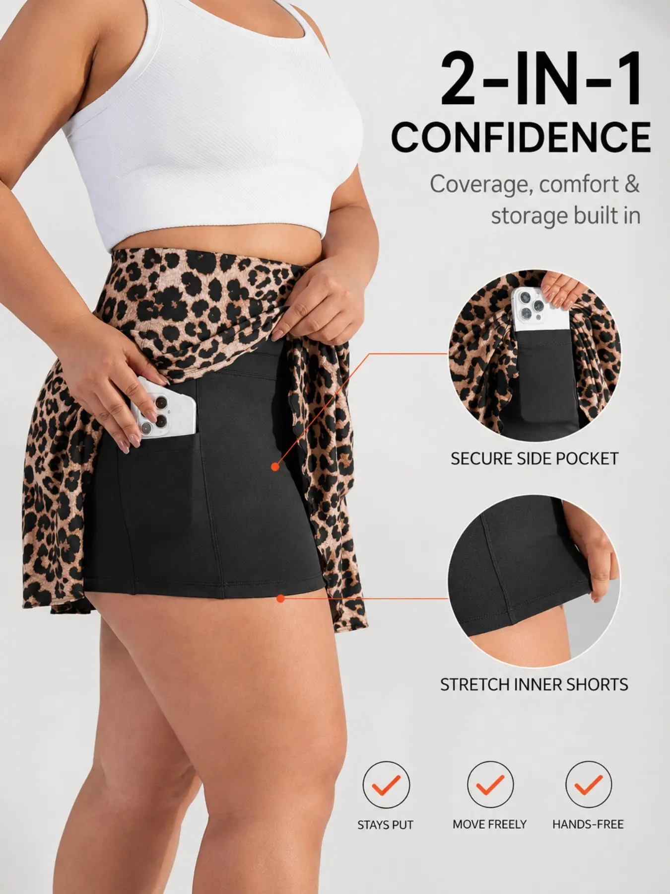 Women's High-Waisted Leopard Print Athletic Skorts, Elastic Waist Stretchy Sports Skort with Side Pocket for Phone, Coffee Colorblock Spring Summer Casual Sportswear