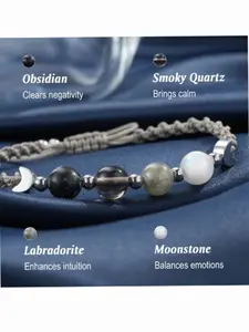 Witch Style Natural Crystal Energy Bracelet, Moonstone, Obsidian, Smoky Quartz, Labradorite, Gradient Beads, Soft Cord, Emotional Balance Jewelry