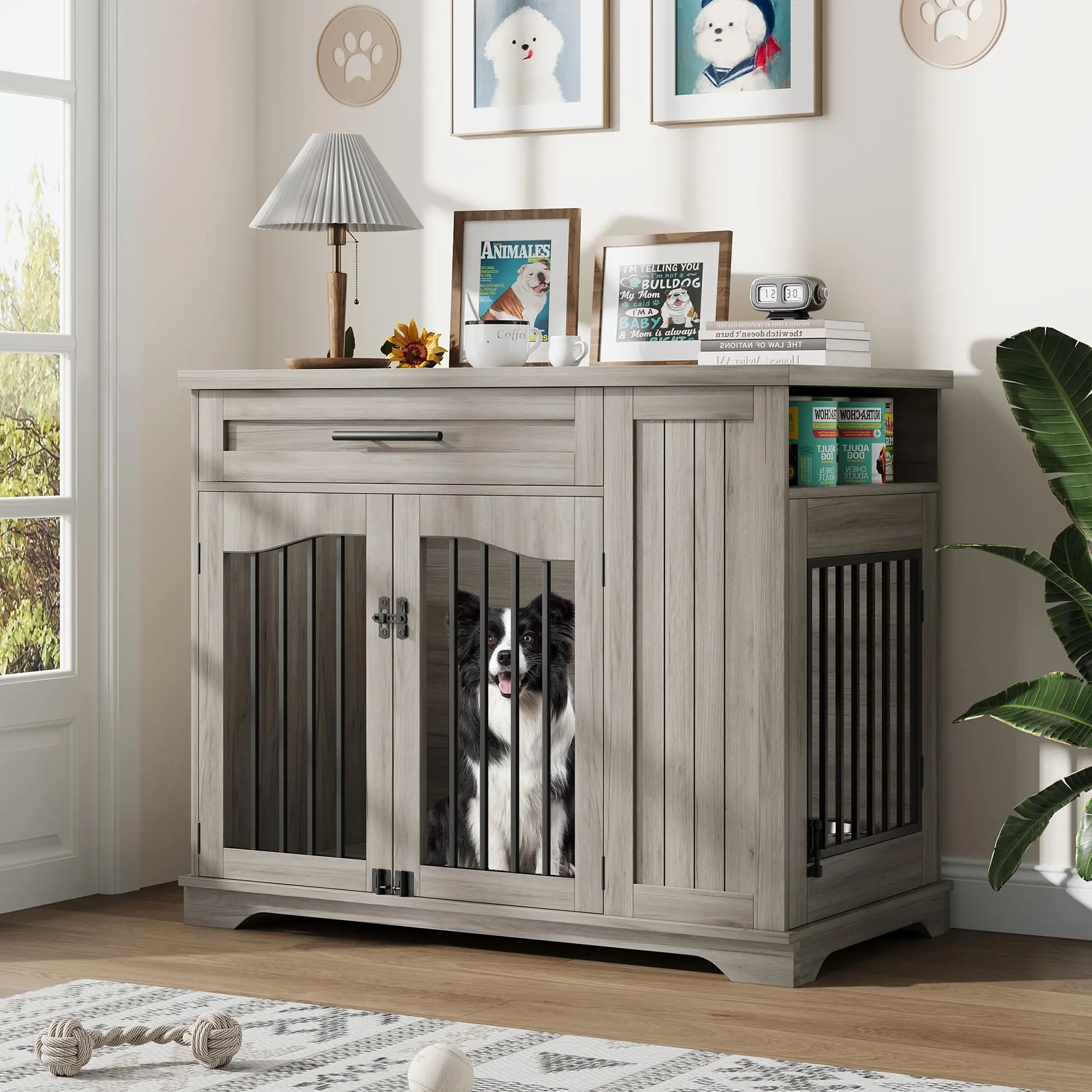 Heavy Duty Wooden Dog Crate Furniture with Large Storage Drawer & Side Storage - 44 Inch Indoor Kennel End Table for Large Dogs - Built-In Feeding Station - Modern Furniture Style Design