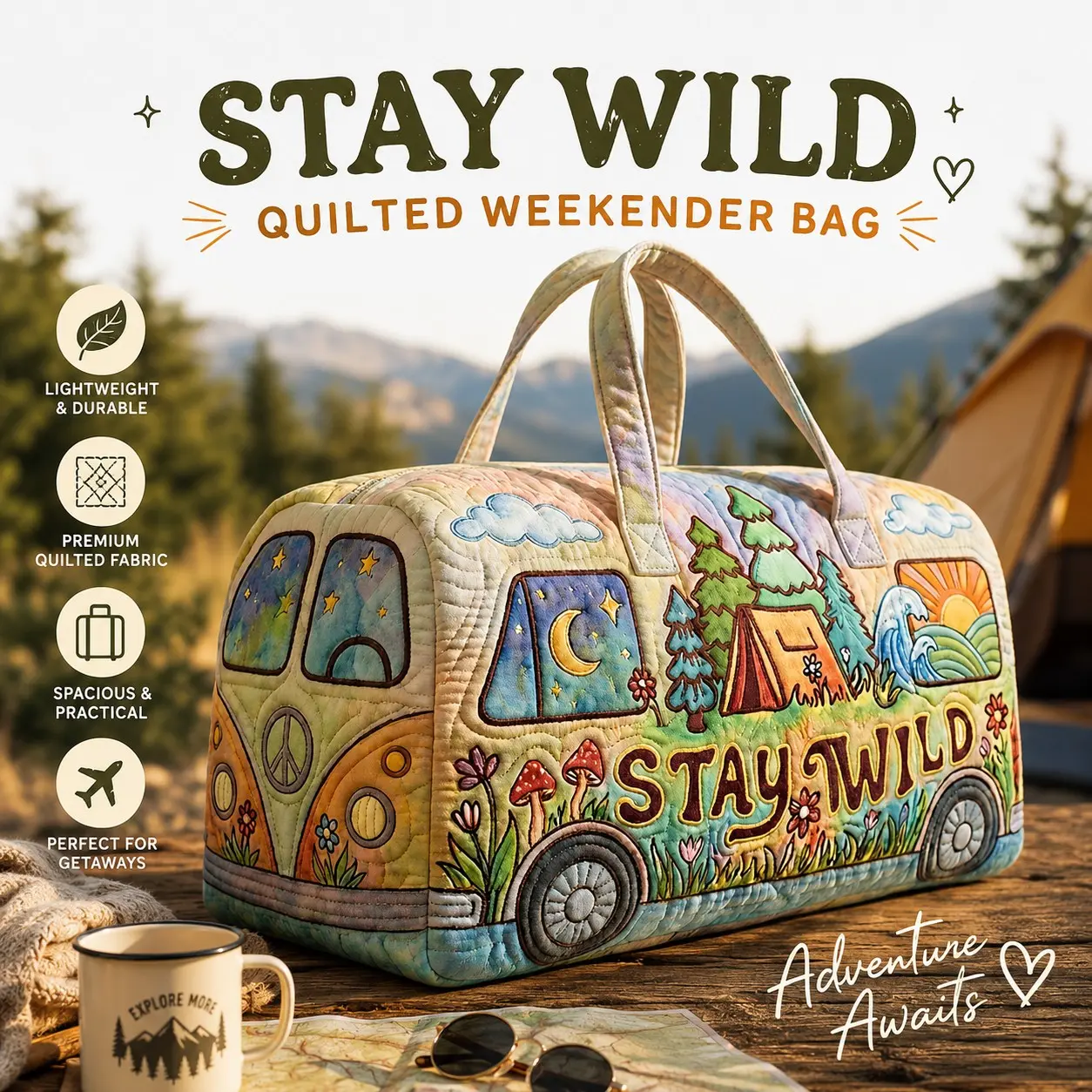 Unisex Boho Quilted Weekender Duffel Bag, STAY WILD Retro Camper Travel Duffels, Lightweight Hippie Mushroom Camping Tote Bag for Road Trip Holiday