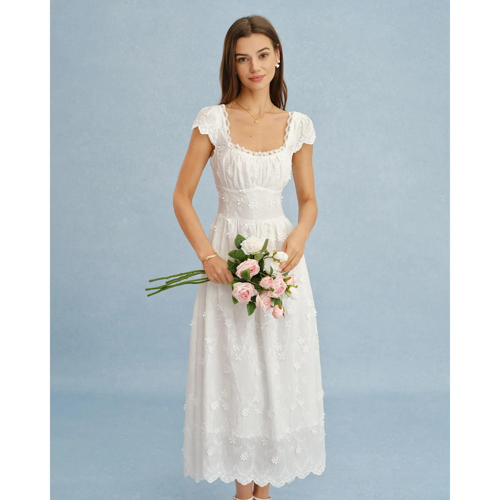 White Square Neck Lace Flowers Maxi Dress