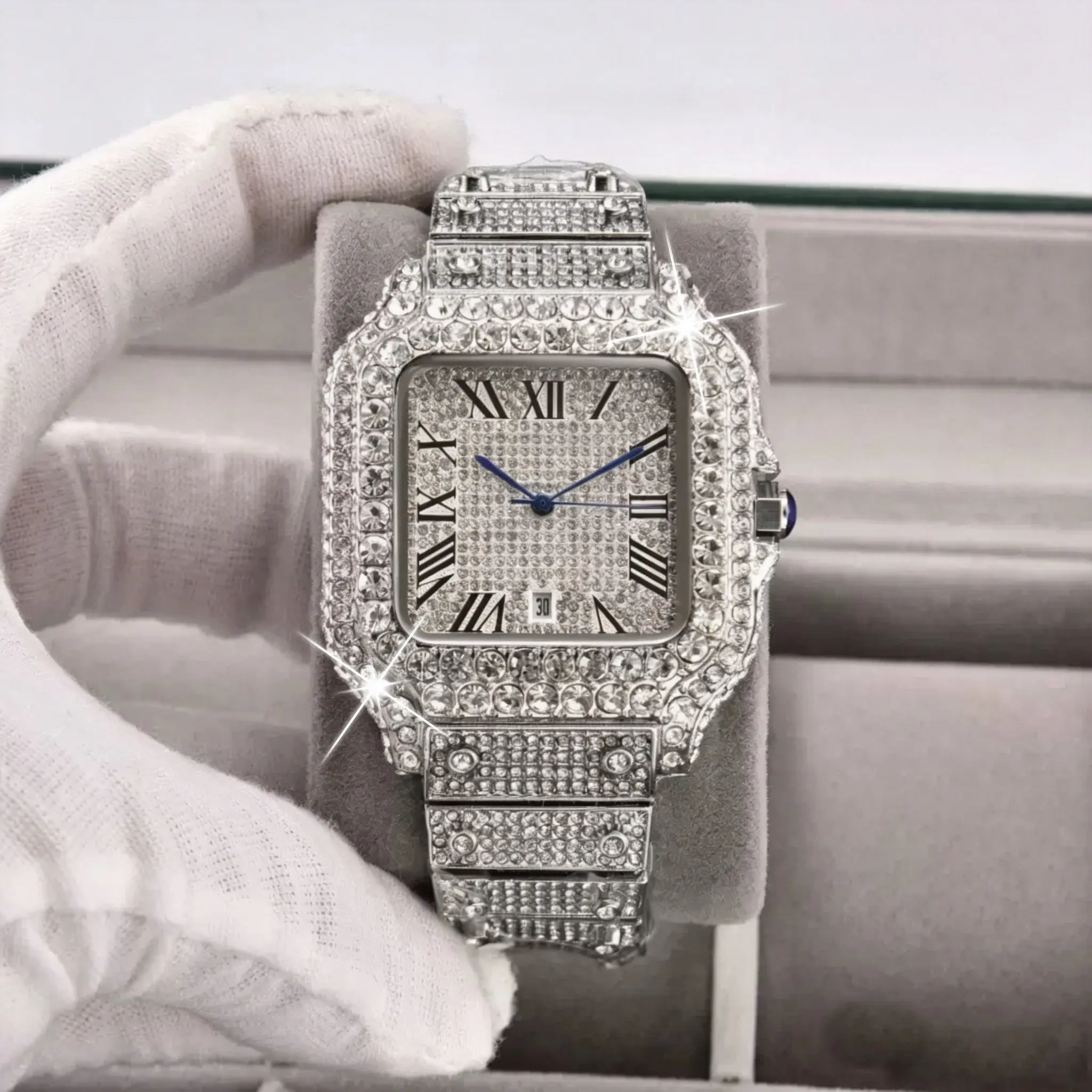 Iced Out Men's Watch, Square CZ and Moiss Design, Waterproof Statement Piece for Business and Party