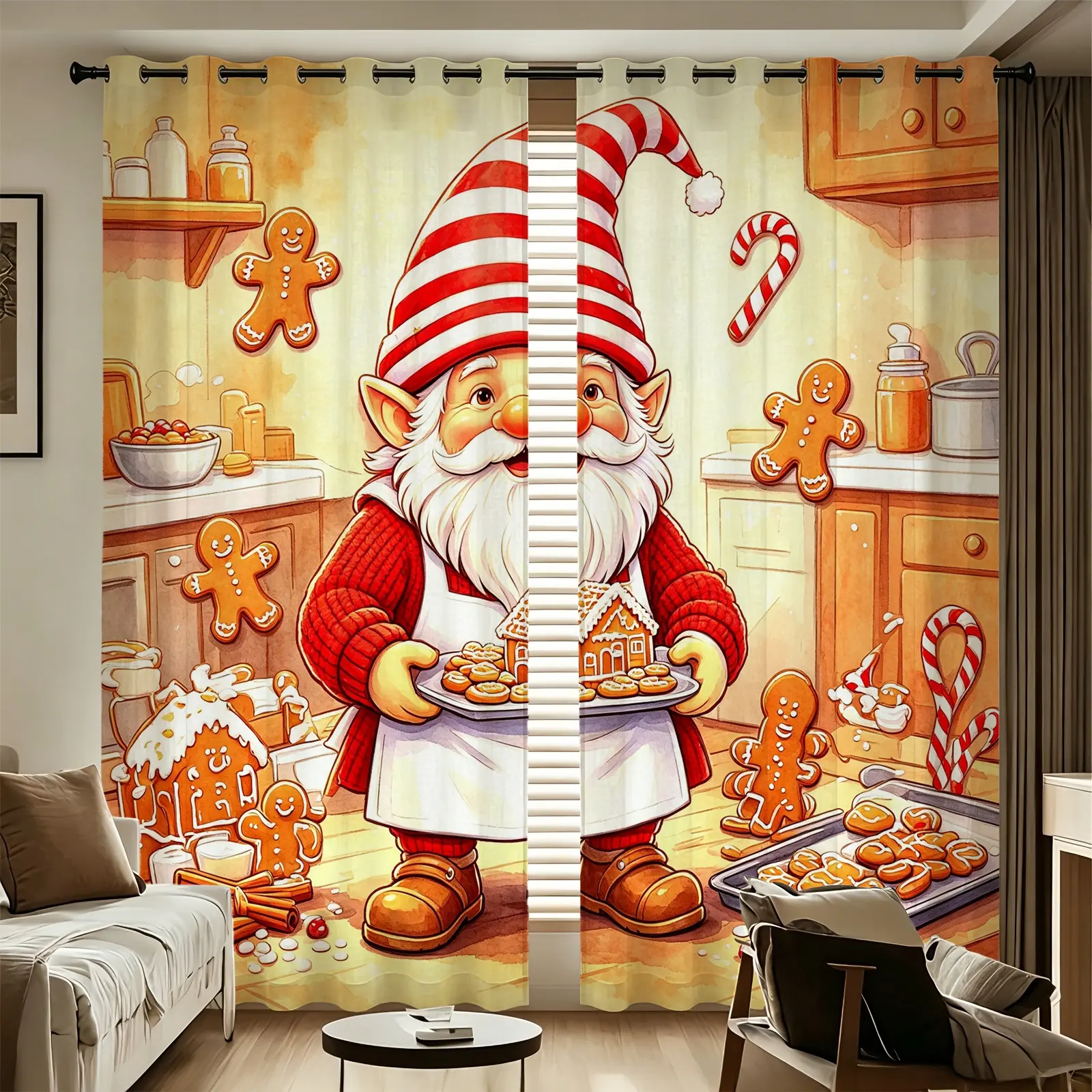 2pcs Curtain set Christmas Gnome Gingerbread Kitchen Themed Printed Curtains, 85% light blocking, rod pocket design, insulated sun protection, easy to clean, create warm cozy atmosphere, ideal for living room bedroom home decor