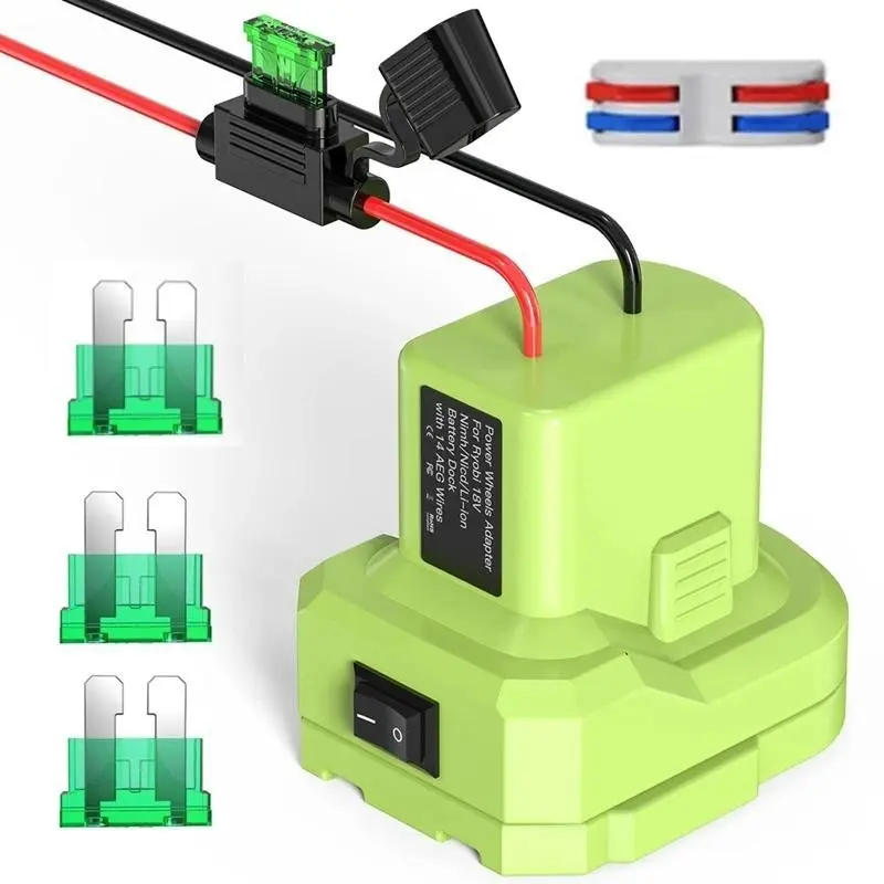 Power Wheels Adapter RYOBI 18V Battery DIY Conversion Kit Cordless Tool Accessories External Power Supply with I/O Switch Fuse Holder Counts Fuses Quick-connect Terminal Blocks More insulated and safer Compatible with Ryobi 18V ONE+ Series Batteries