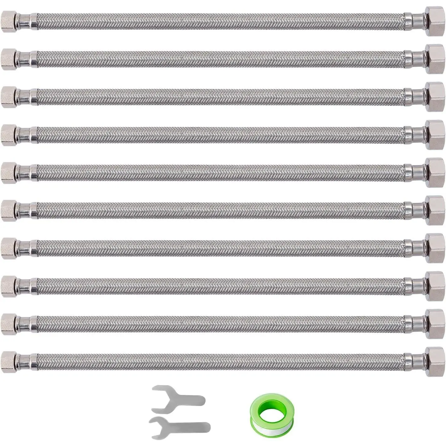 (10 Pack) Stainless Steel Braided Faucet Supply Lines, 16 in 3/8"-Female Comp Thread x 1/2"-FIP Thread Sink Hoses for Bathroom Use, with 2 Wrenches & 1 Sealing Tape