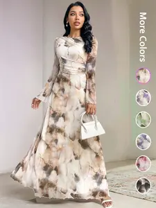 Elegant Women's Tie-Dye Print Long Sleeve Round Neck Maxi Dress, Empire Waist Dress, Multicolor Dress, Womenswear Party Wear Formal Gown, Ladies Fashionable Chic Evening Dresses, Elegant Modesty Dress