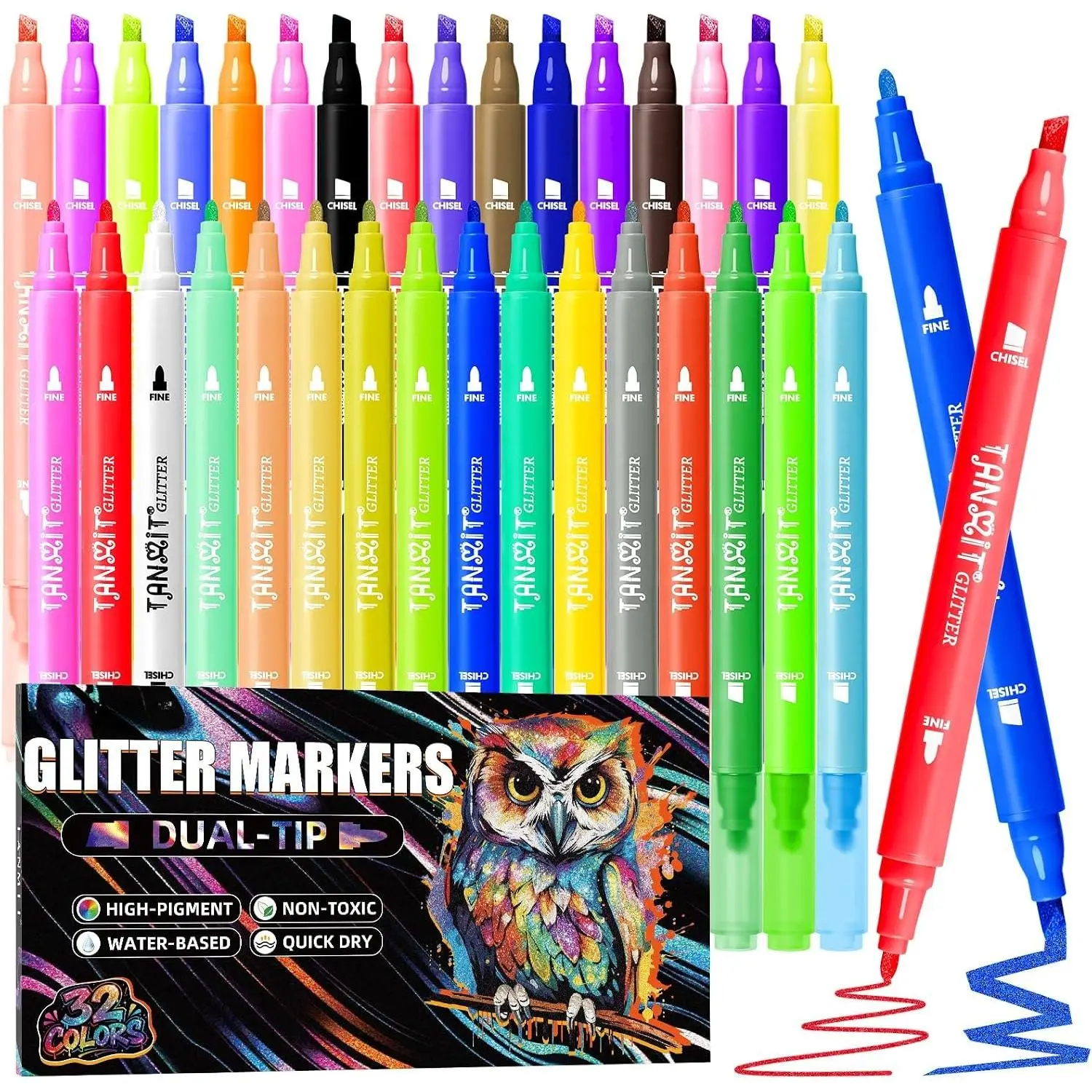 Glitter Markers Pens,32 Colors  Tip Glitter Pens Set, Glitter Markers for Adults Coloring Books, DIY Crafts,Journals, Planners, Scrapbooking & Card Making(Fine Tip and Chisel Tip)