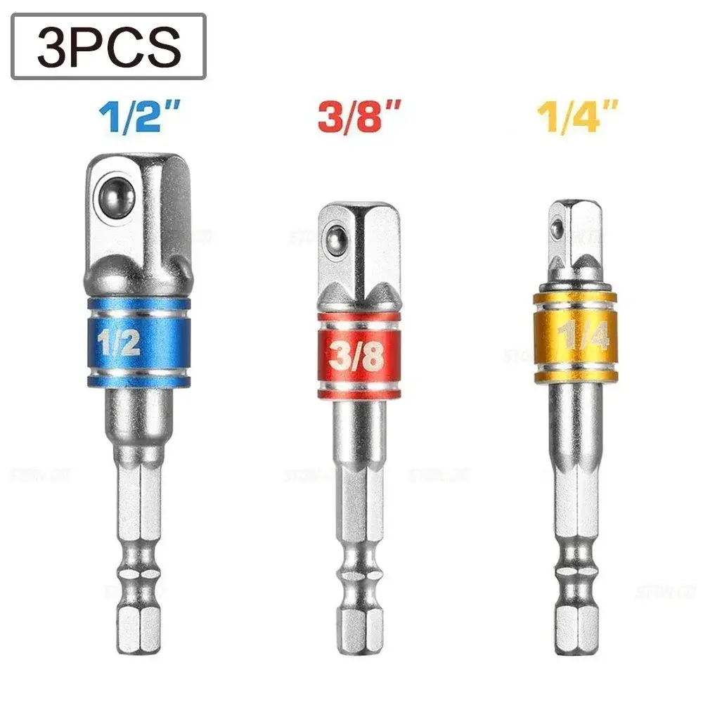 3-Piece Drill Chuck Adapter Set, Square to Hex Adapter, 1/4 3/8 1/2 Inch, Screwdriver Bit Converter Rod, Drill Bit Accessories Tool