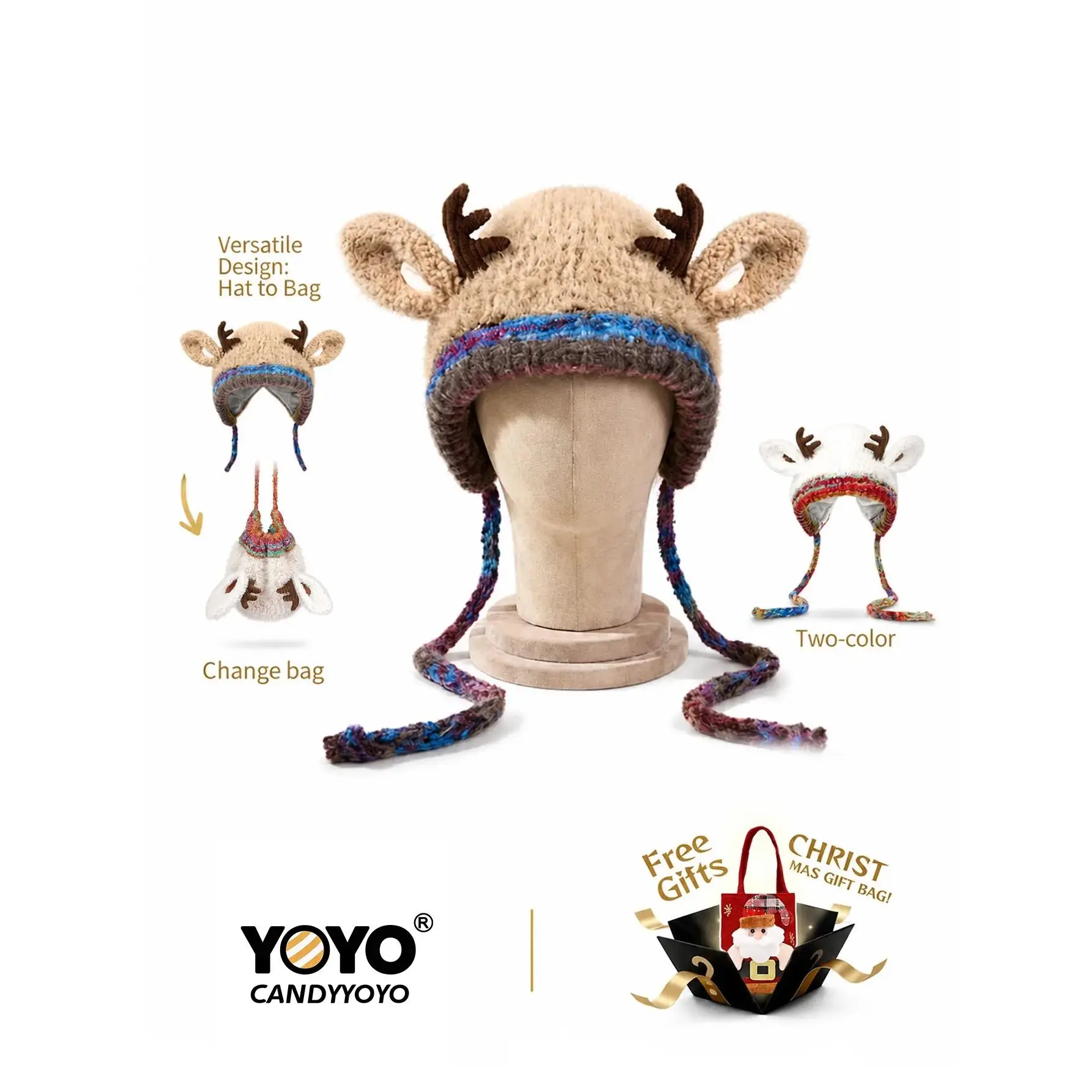 Original design Festive Christmas Antler Hat (It can be used,A hat has multiple uses.)Knitted Ear Protection Windproof Warm Hat Suitable for the family It can be worn by adults , without limiting the circumference of the head,for Thanksgiving & Christmas.