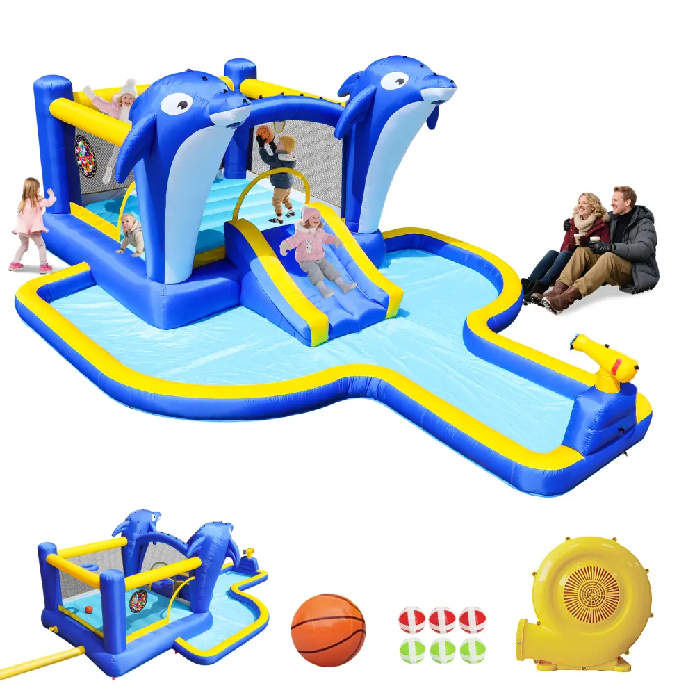 8 In1 Inflatable Slide Water Park Trampoline Bouncing House Outdoor Garden With Dolphin Sprinkler & Target Games & Water Gun & Basketball