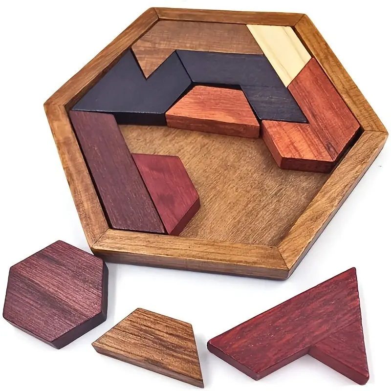 Wooden Hexagonal Tangram Puzzle, Geometric Puzzle, Educational Brain Teaser Toy, Portable Family Interactive Game, Perfect Gift for Holidays
