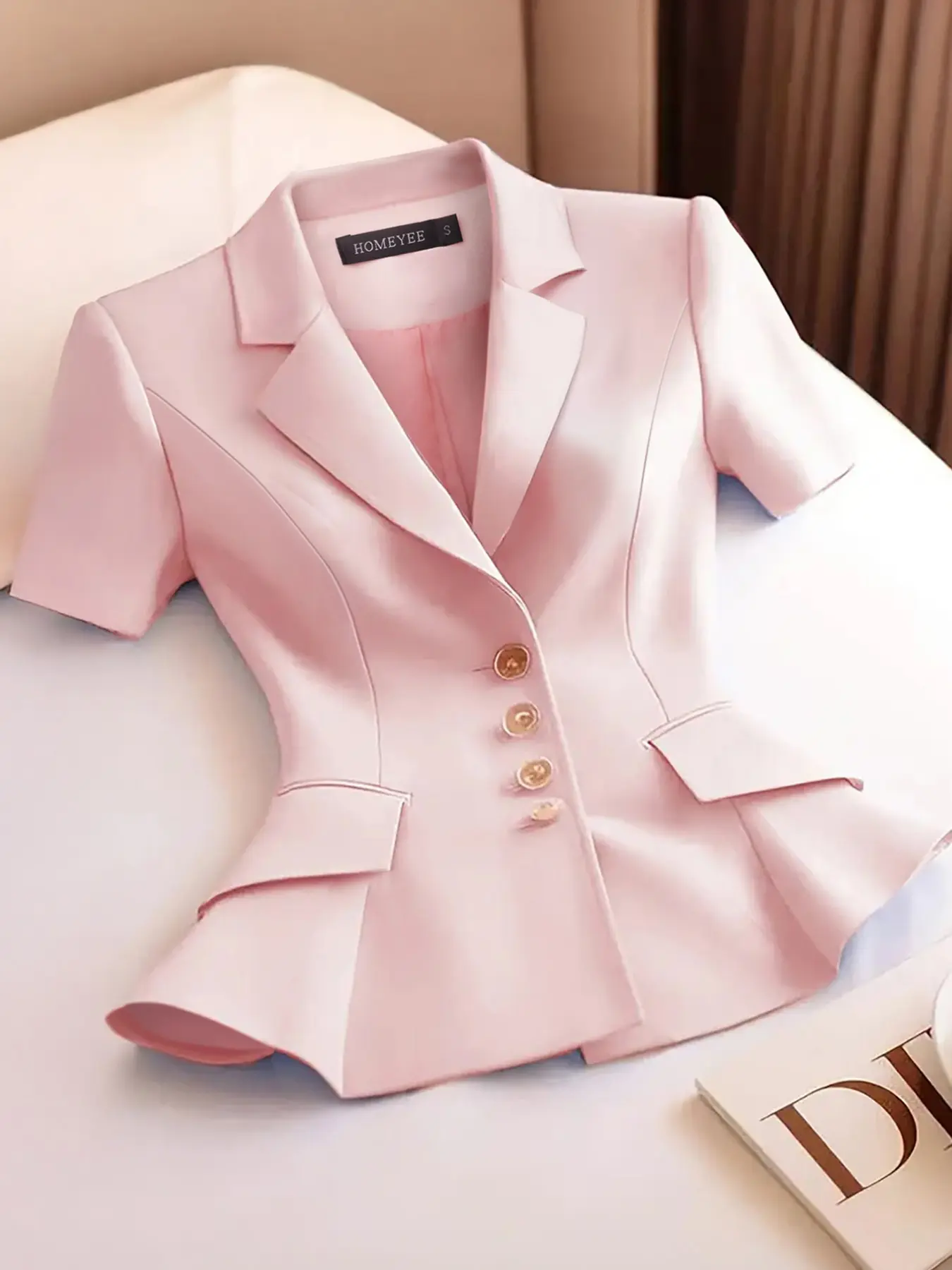 Women's Waist-Cropped Leaf Hem Short Sleeve Blazer, Notch Lapel Four-Button Commuter Jacket, Elegant Office Wear, Trendy Business