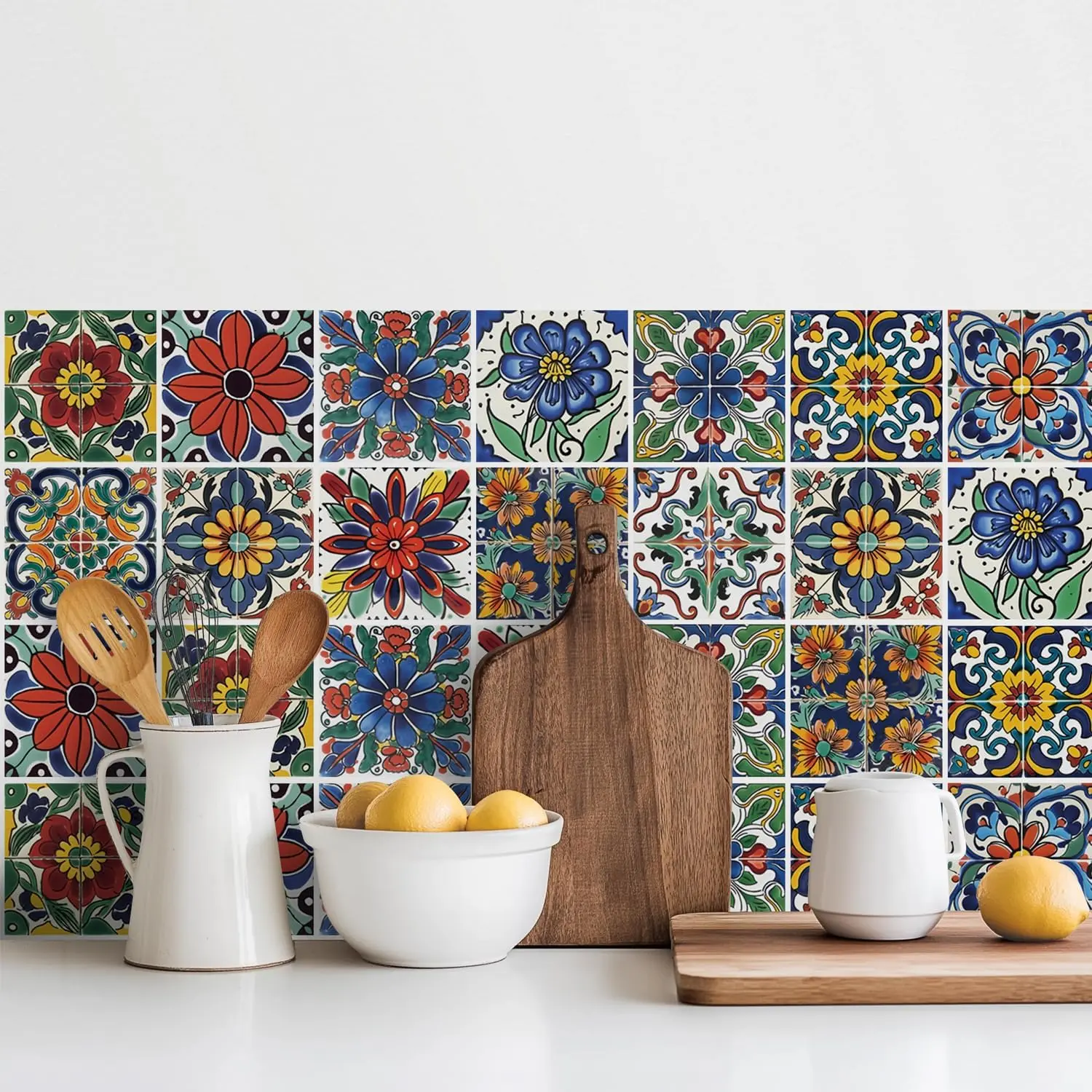 30 count Mediterranean Style Peel and Stick Wall Tile  -  Vinyl Stickers for Kitchen Backsplash, Bathroom, Stair Riser Decor - Spanish Floral  - 4x4 Inch