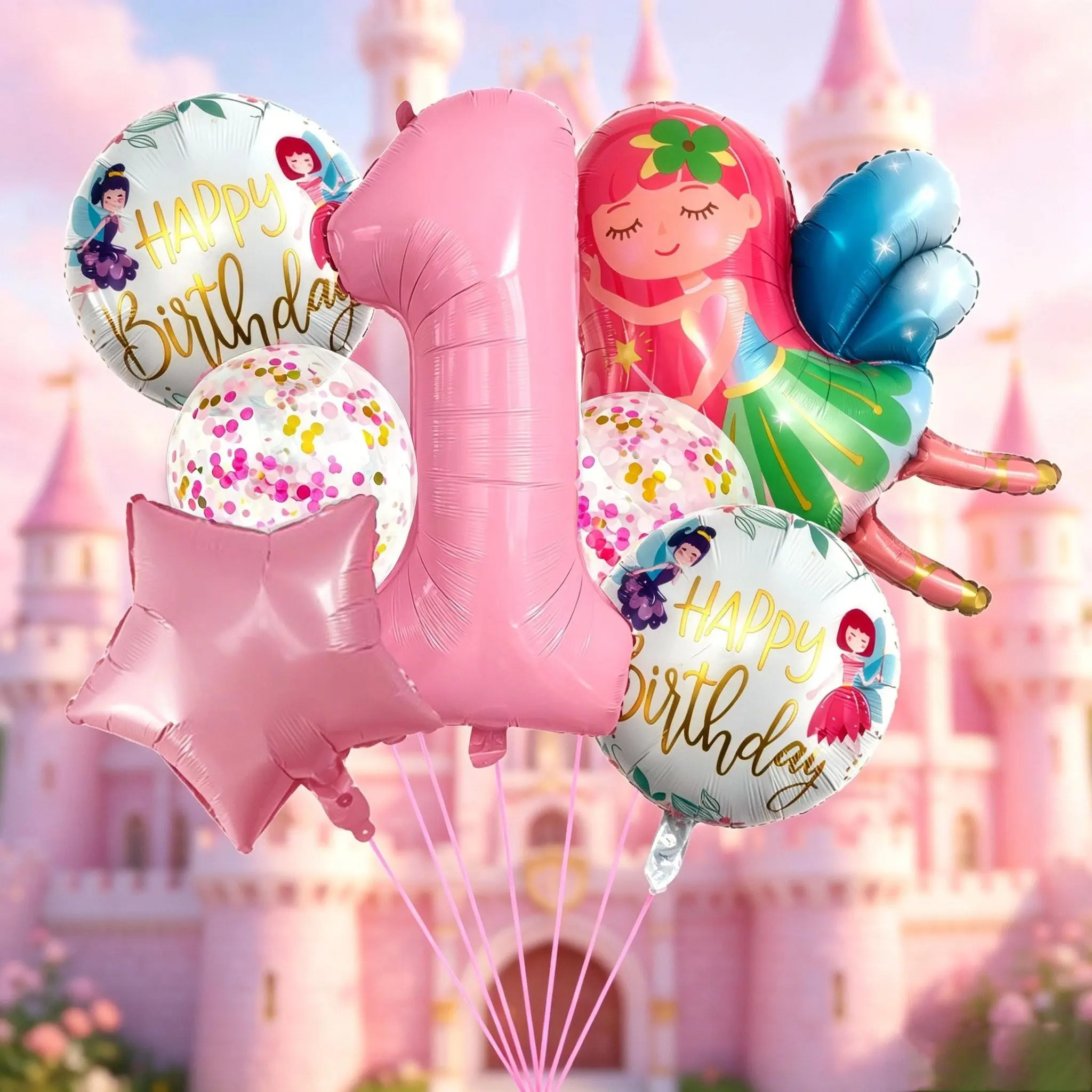9-Piece Fairy Birthday Balloon Set, Includes 32-Inch Number Foil, Fairy Shape Foil, Star and Flower Balloons, Ideal for girls’ birthday parties, gender reveal/baptism decorations, princess-themed indoor birthday backdrops, and parent-child fairy tale park
