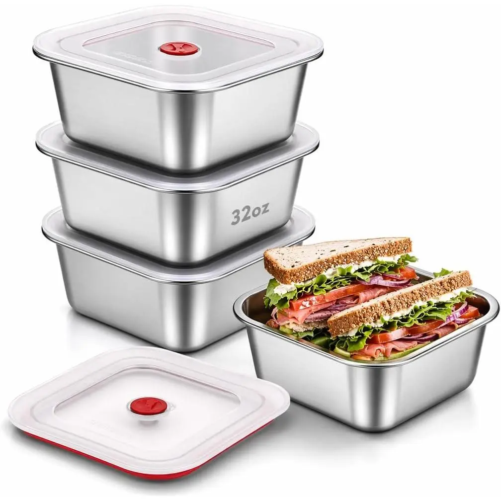 4 Pack Stainless Steel Sandwich Containers with Airtight Lids, 32oz Reusable Metal Lunch Box, BPA-Free Meal Prep Food Storage Containers, Dishwasher Safe  Snacks, Fruit & Leftovers