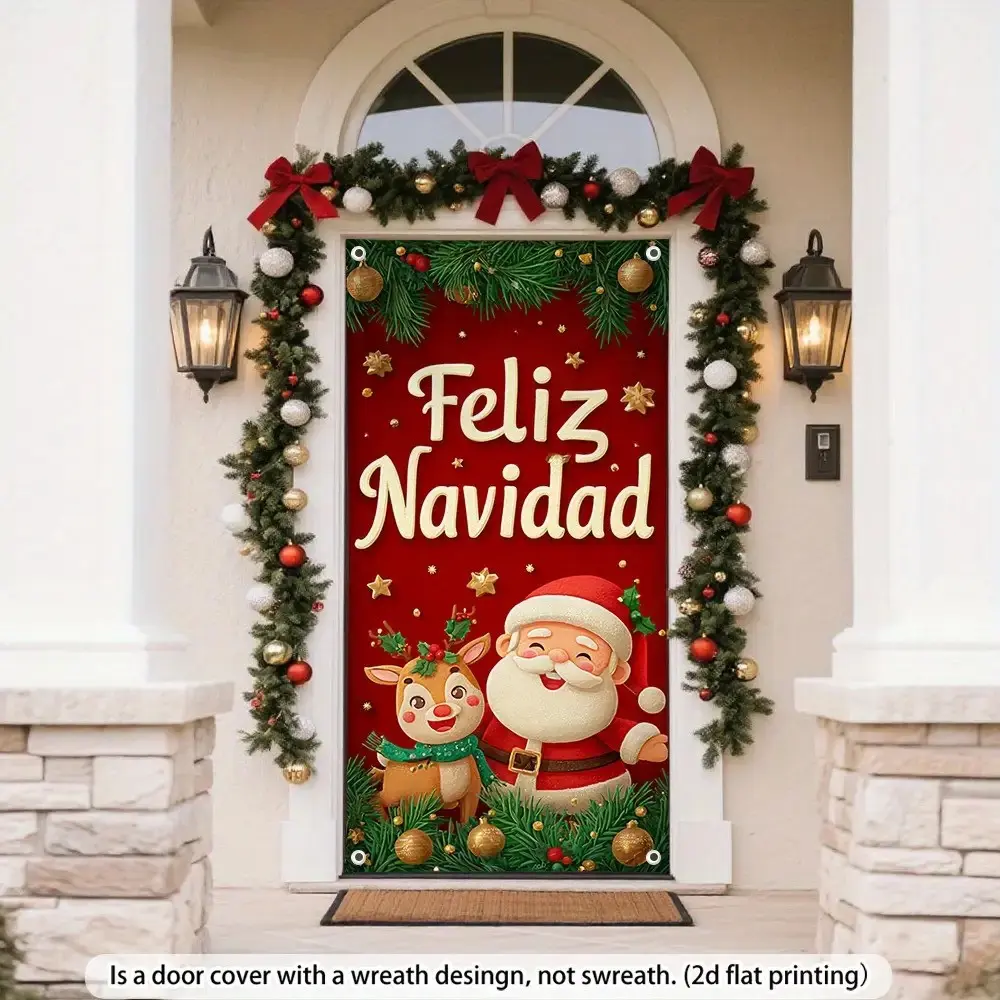 Christmas Background Cloth, Santa and Reindeer Decoration, Easy to Hang Door Decor, Durable Polyester, Home Party Entrance, Polyester Fabric Backdrop