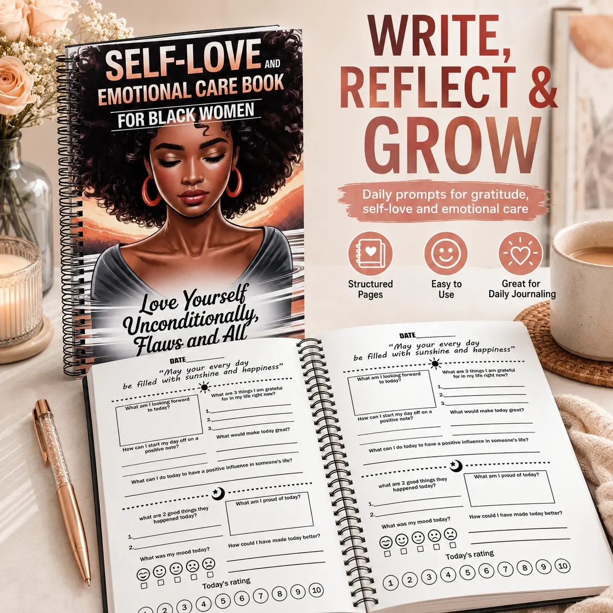 1pc Self-Love Journal for Black Women, Emotional Care Guided Notebook with Daily Gratitude Prompts, Mood Tracker, Positive Self-Care Reflection Pages, Spiral Bound Gift Journal