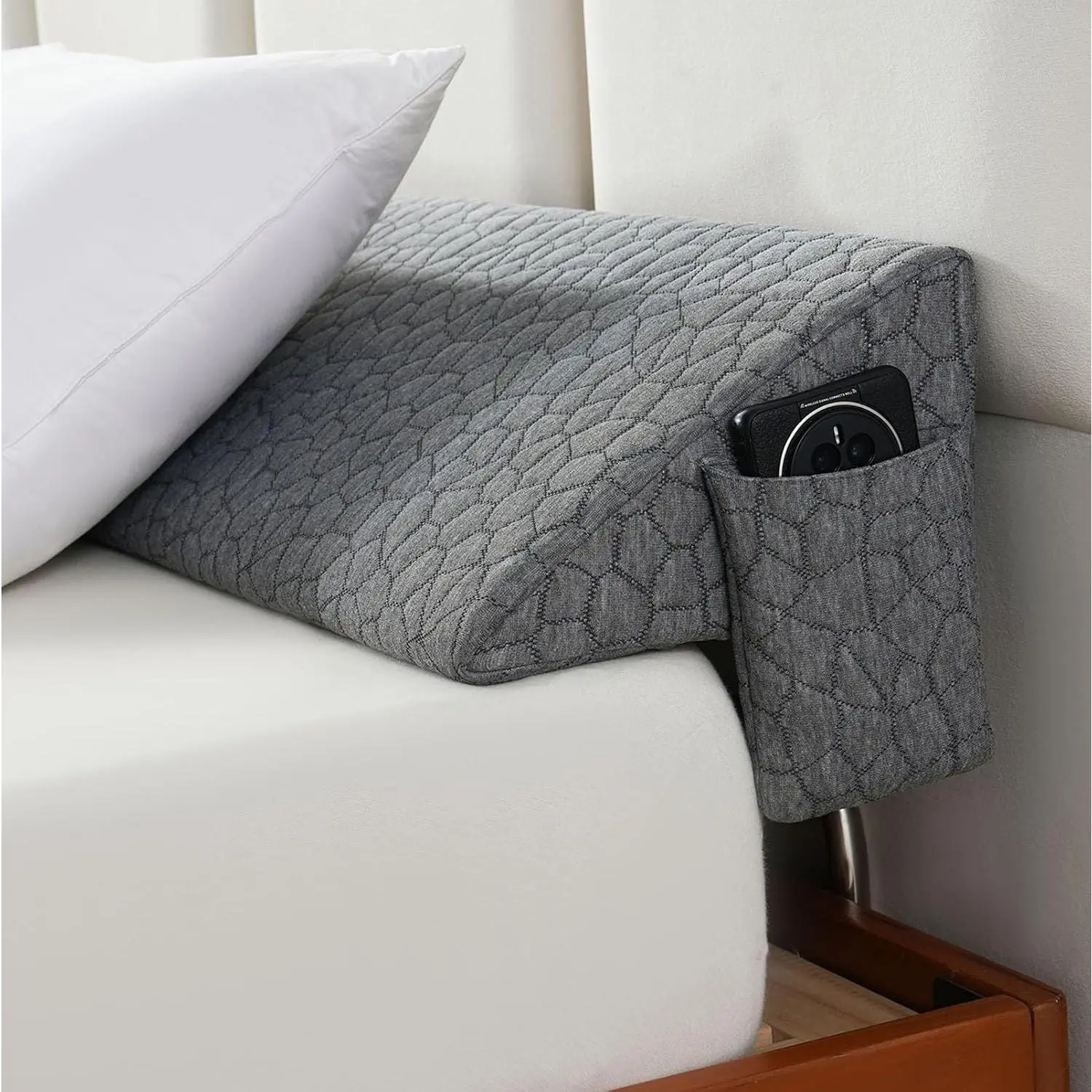 Patented Wedge Shape Headboard Filler Foam Cushioned Pillow, King Size Fits Mattress Gap Filler (0-7"), High Density Foam, Stay-in-Place Gripping Dots, Soft Gray (76"x10"x6")