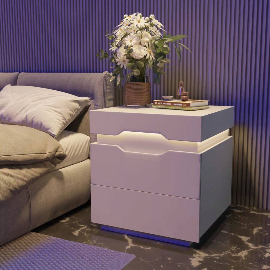 Nightstand With Charging Station, 20 RGB Colors LED Lights, Side Table With Plug Outlets & 2 USB Ports, Bedside Table With 2 Drawers & Top Storage Space Nightstand With Charging Station, 20 RGB Colors LED Lights, Side Table With Plug Outlets & 2 USB Ports, Bedside Table With 2 Drawers & Top Storage Space