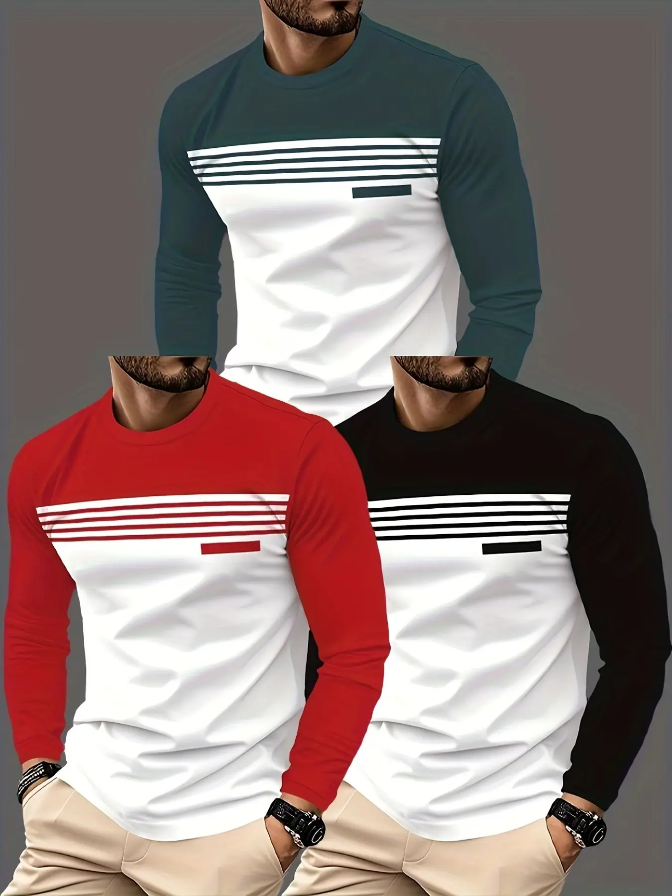 3-Pack Men's Casual Fashion Printed Long Sleeve T-Shirts, Perfect for Outgoing Style, Ideal Gift, All-Season Wear