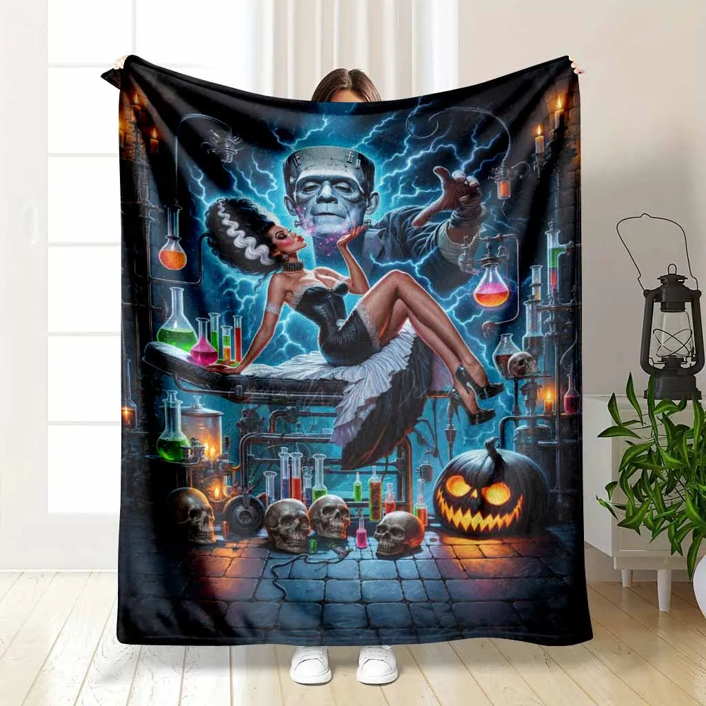 Gothic Horror Flannel Fabric Blanket, Multi-Size Ultra-Soft Lightweight Warm Plush Throw with Iconic Frankenstein Monster & Bride Frankenstein Lab Print, Cozy Spaces Decor Gift for Halloween