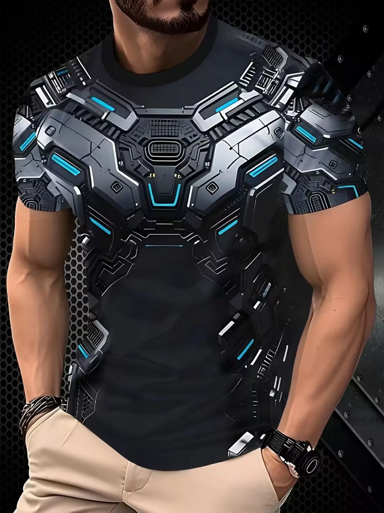 Future Robot Armor Exoskeleton Graphic T-Shirt, Cyberpunk Sci-Fi Mecha Design, Base with Geometric and Patterns, Bright Cyan Glow Details